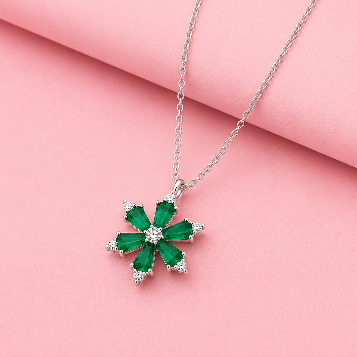 Lab Grown Emerald Flower Pendant with Moissanite in Sterling Silver