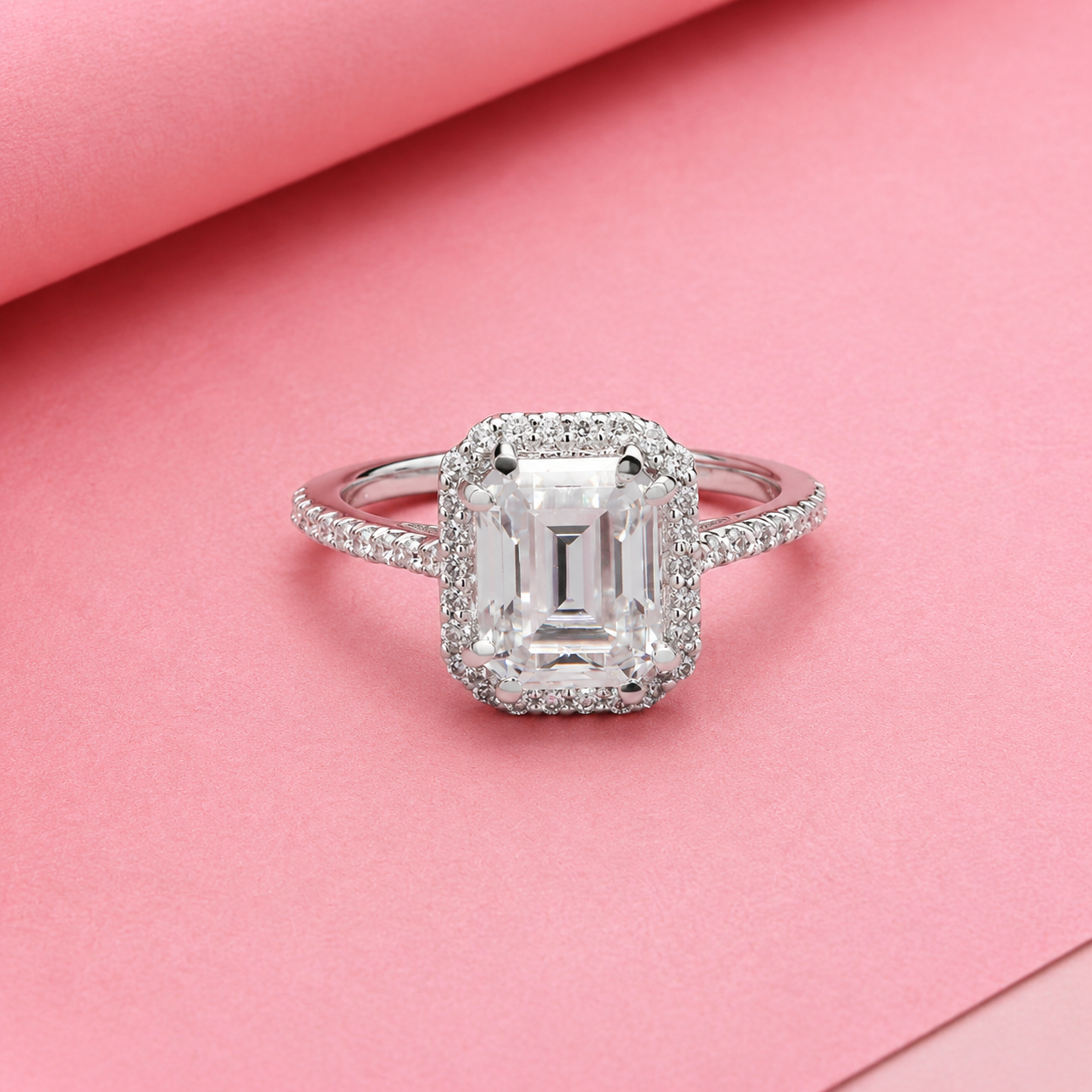 Emerald Solitaire Ring with Crown Halo in Moissanite with Sterling Silver