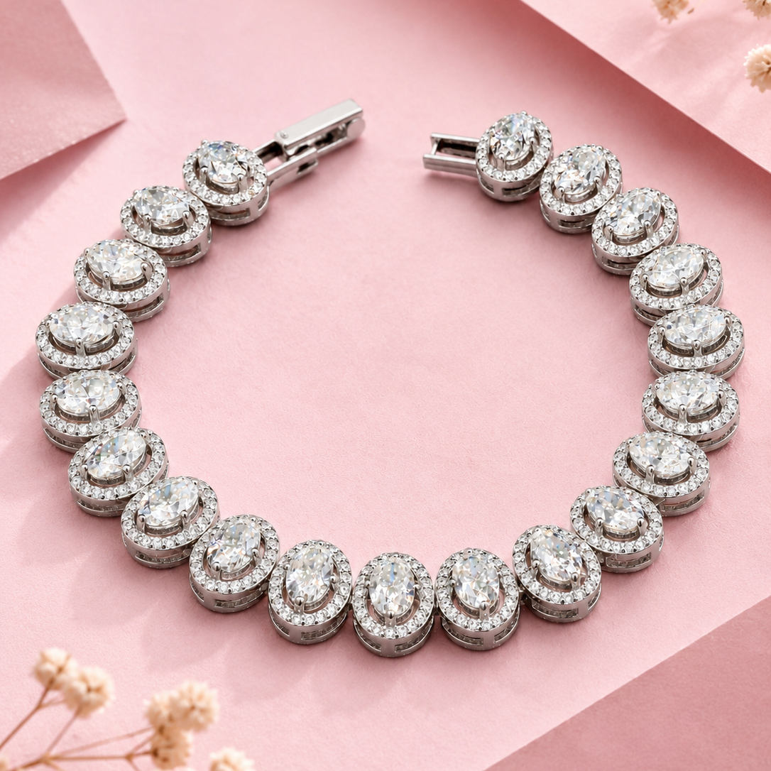 925 Silver Seraphina Oval Halo Moissanite Tennis Bracelet in Moissanite Diamond