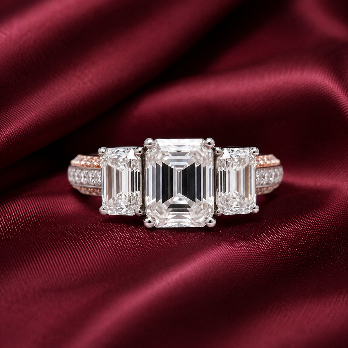 3 stone Engagement Emerald cut Ring with Moissanite in Sterling Silver