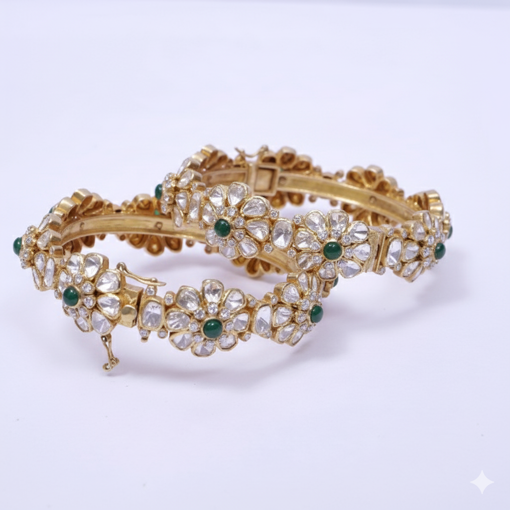 Majestic Moissanite Polki Bangles in 925 Silver with Gold Plating