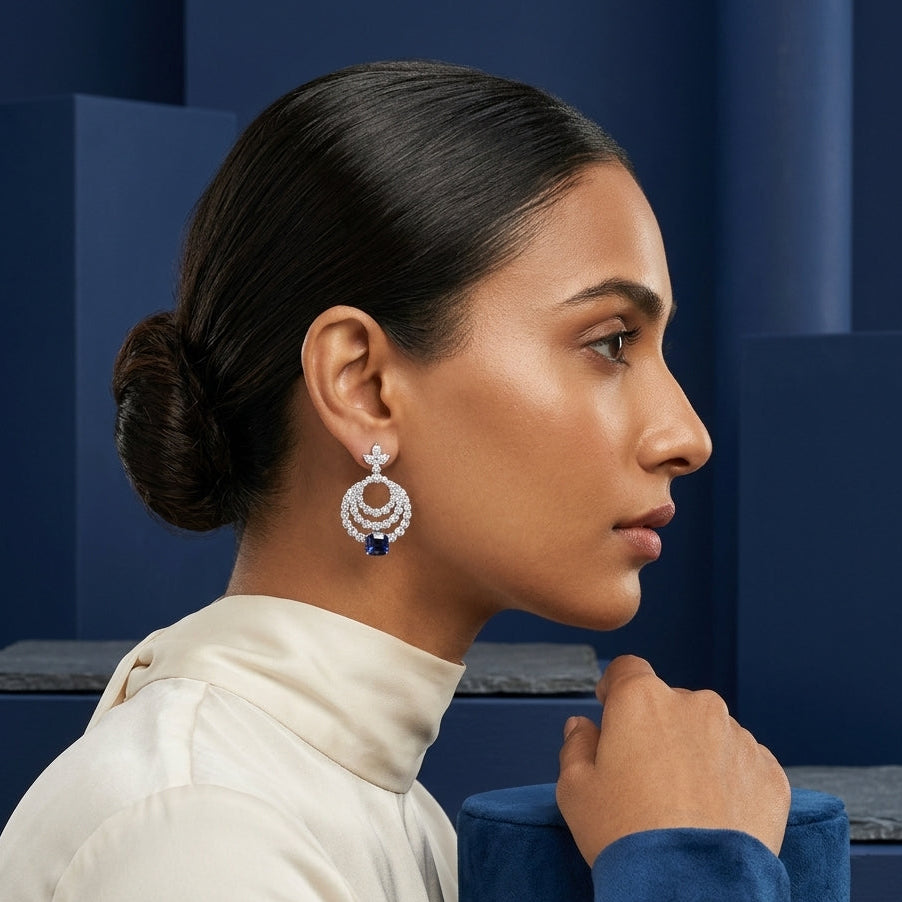 Triple Halo Statement Earrings in Sterling Silver with Moissanite