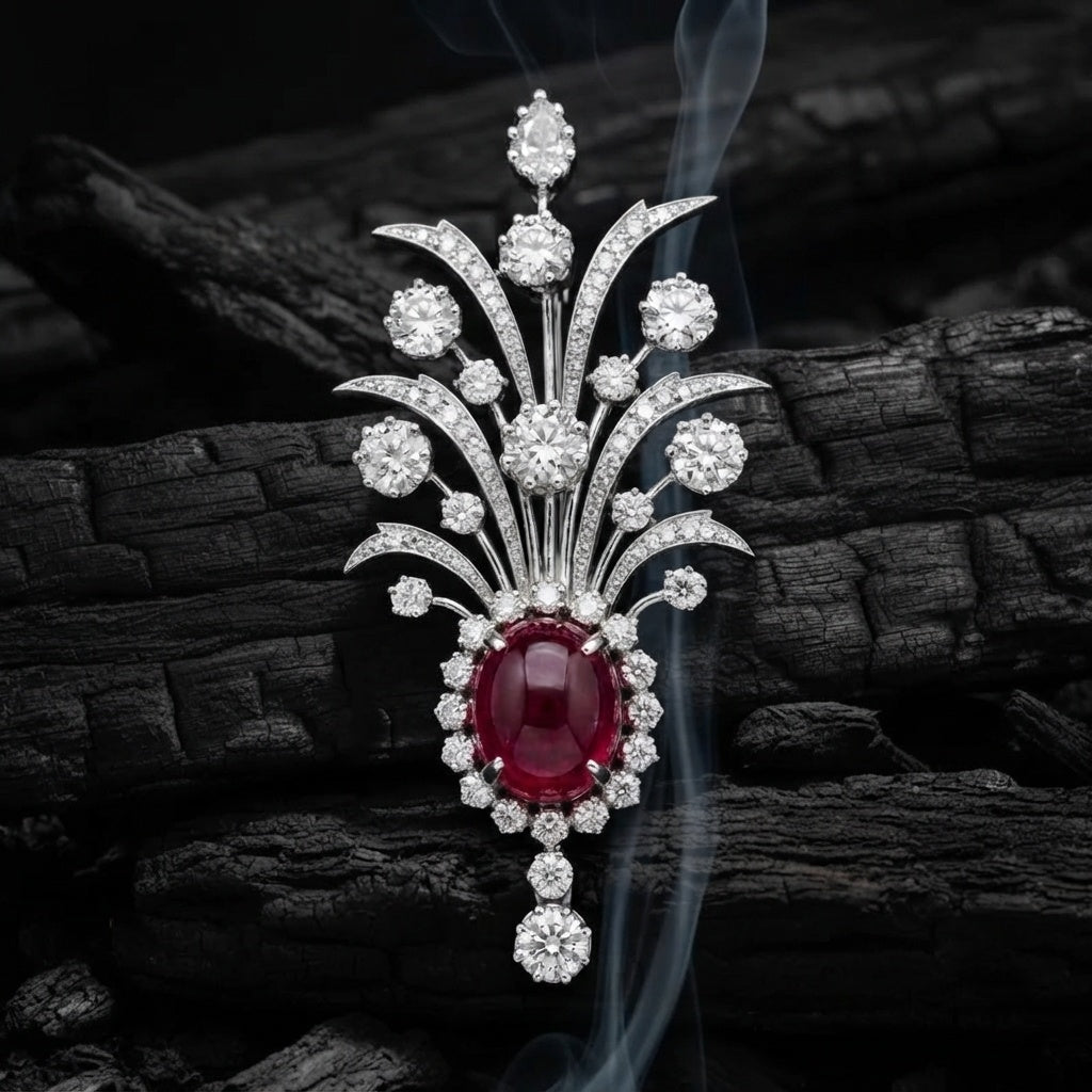 Statement Lab Grown Gemstone with Moissanite Diamond Brooch + Kalangi in 925 Silver