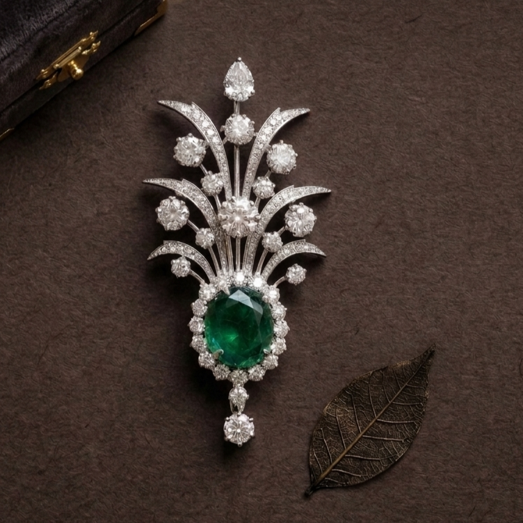 Statement Lab Grown Gemstone with Moissanite Diamond Brooch + Kalangi in 925 Silver