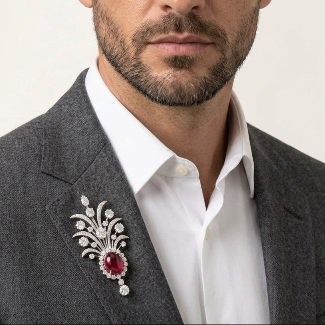 Statement Lab Grown Gemstone with Moissanite Diamond Brooch + Kalangi in 925 Silver