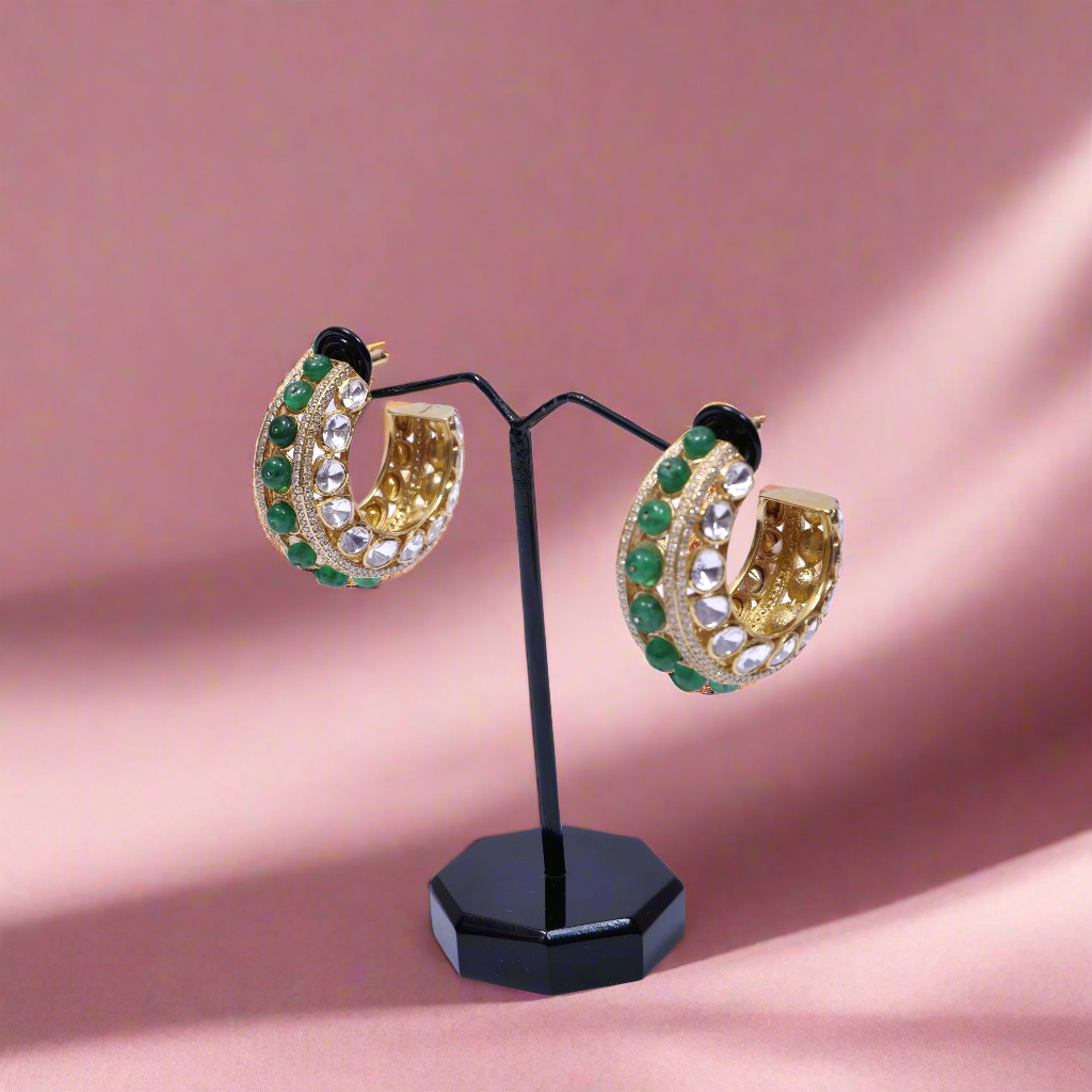 Polki Moissanite Beads Hoop Earrings in 925 Silver