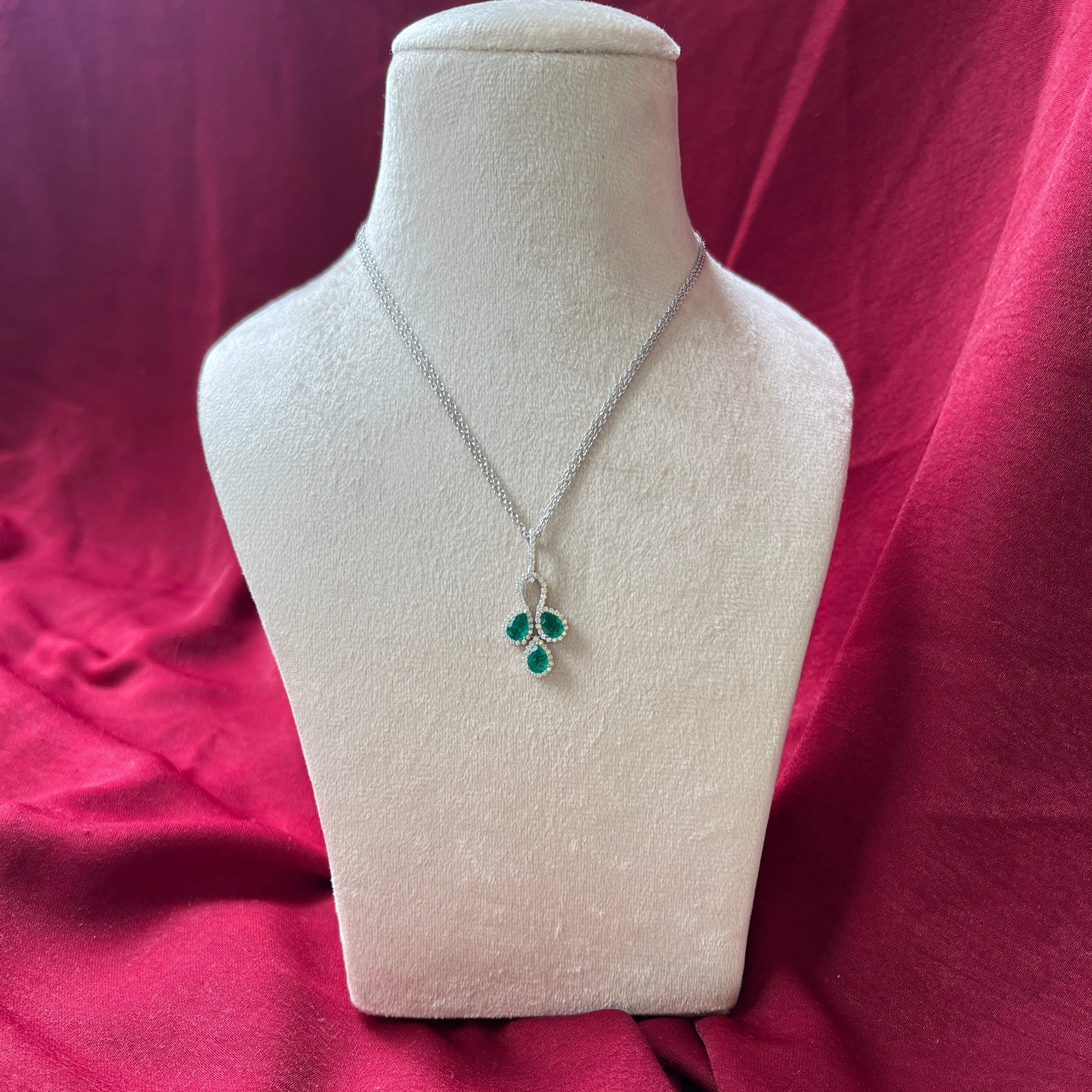 3 Petals Lab Grown Emerald Pendant with Moissanite in Sterling Silver
