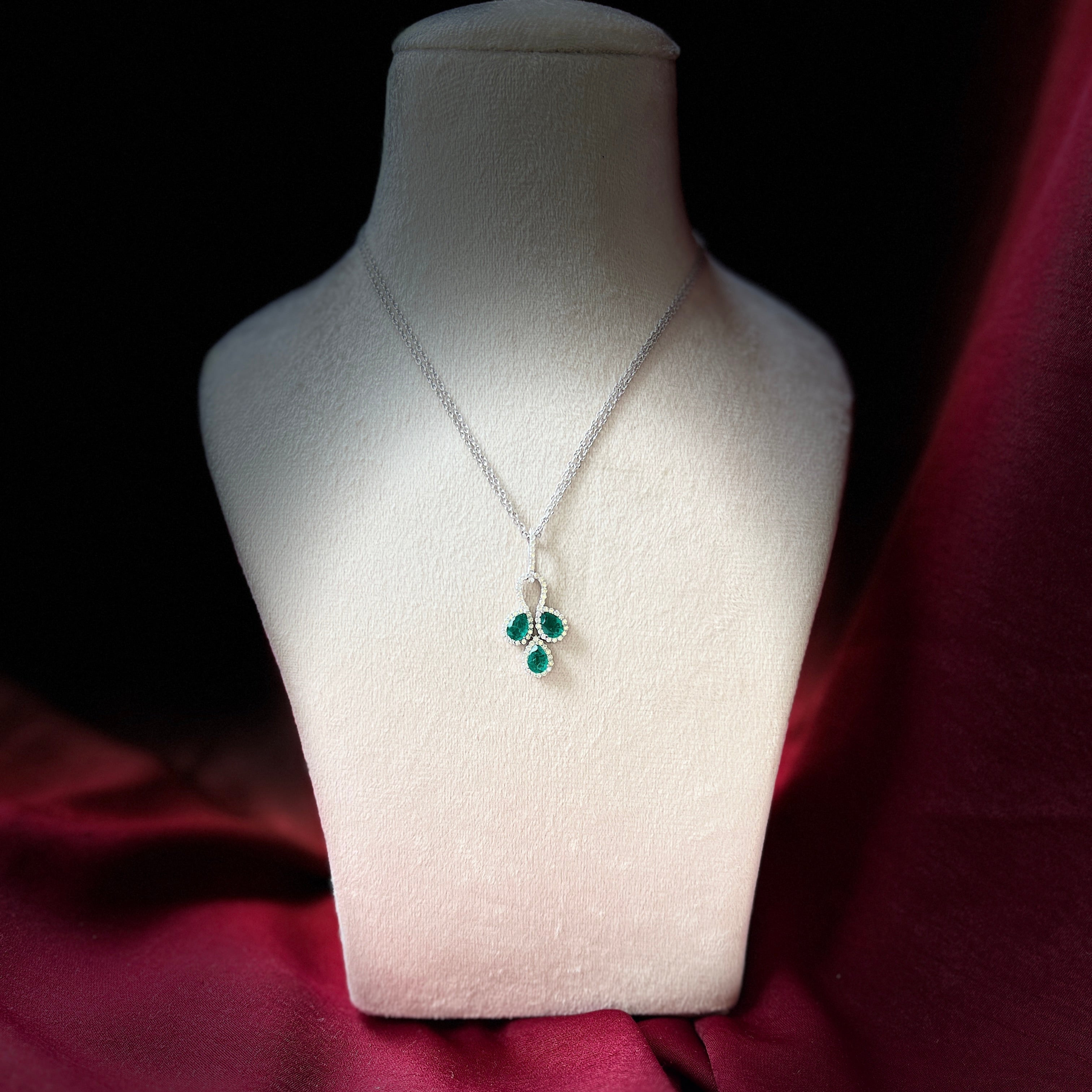 3 Petals Lab Grown Emerald Pendant with Moissanite in Sterling Silver