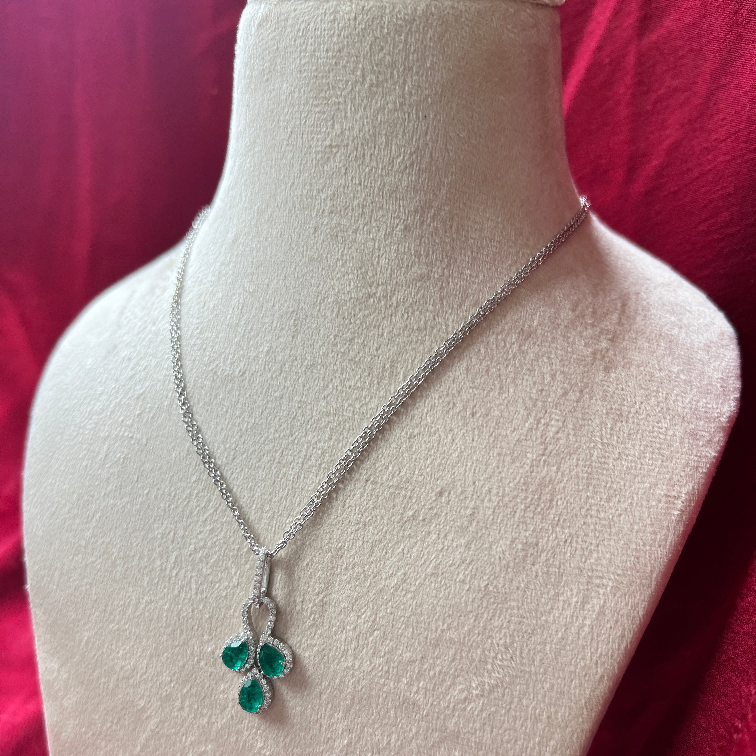 3 Petals Lab Grown Emerald Pendant with Moissanite in Sterling Silver