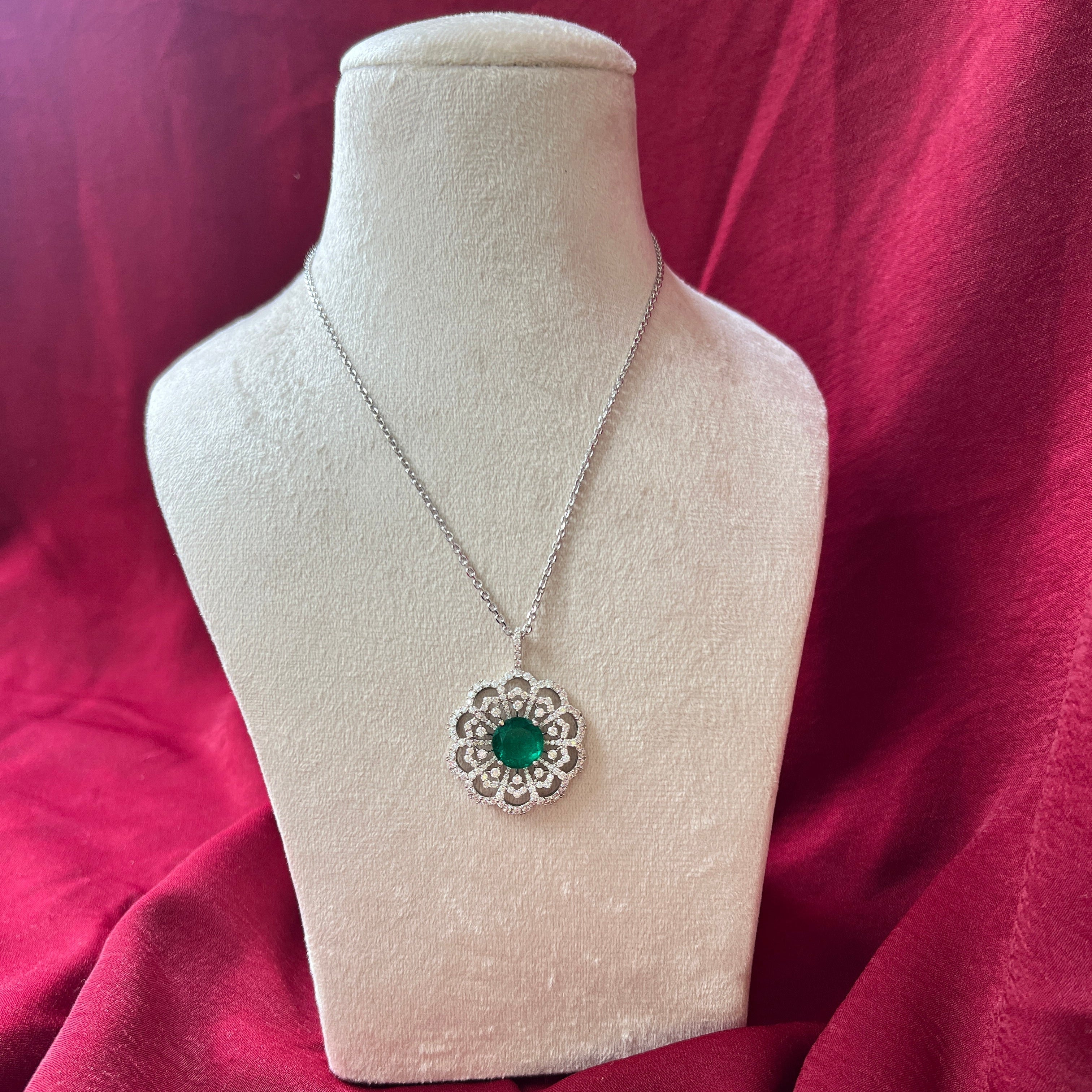 Round Lab Grown Emerald Pendant with Moissanite in Silver