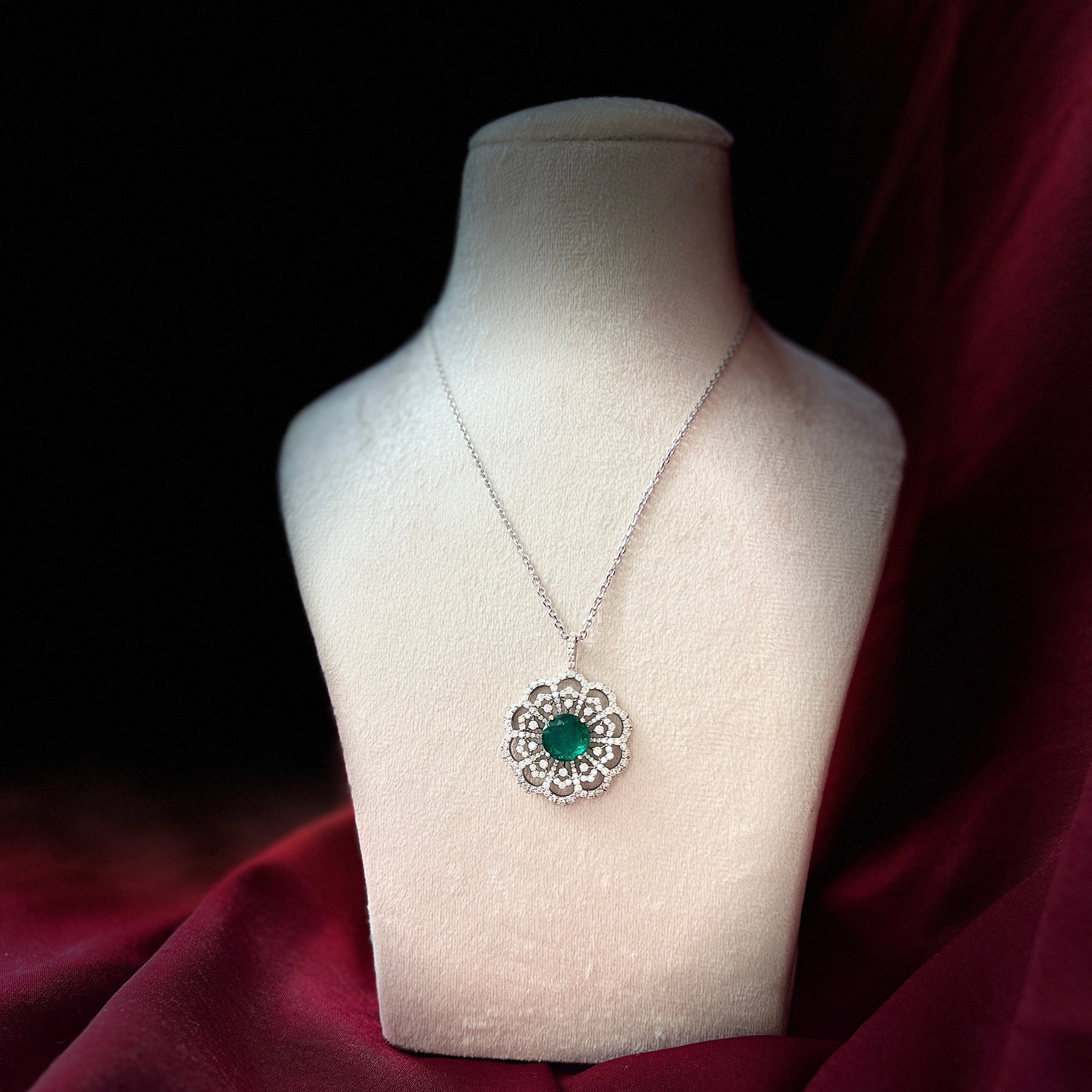 Round Lab Grown Emerald Pendant with Moissanite in Silver