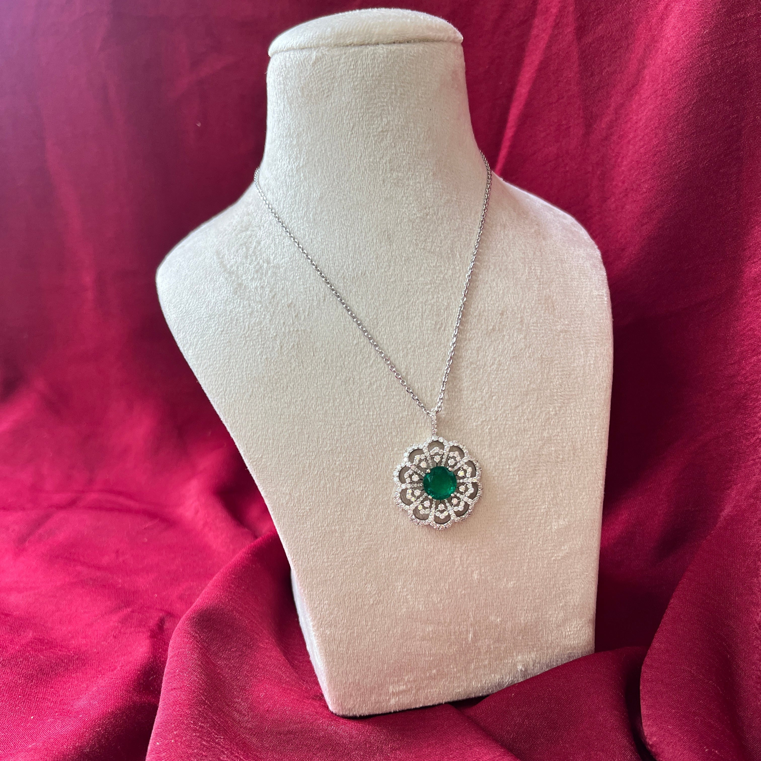Round Lab Grown Emerald Pendant with Moissanite in Silver