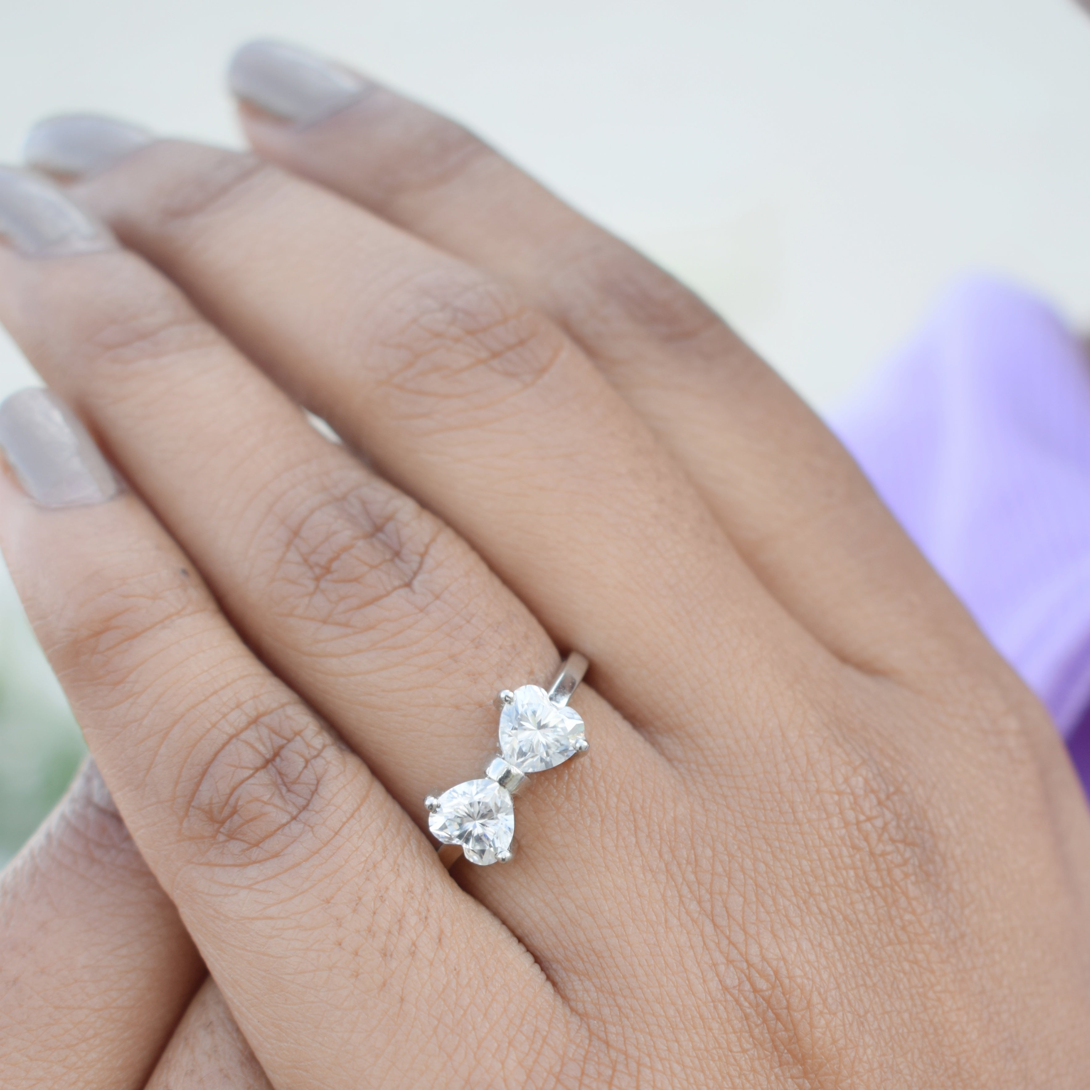 Two Stone Bow Ring, Two Heart Shape Moissanite Bow Style Ring, Bow Tie Moissanite Ring