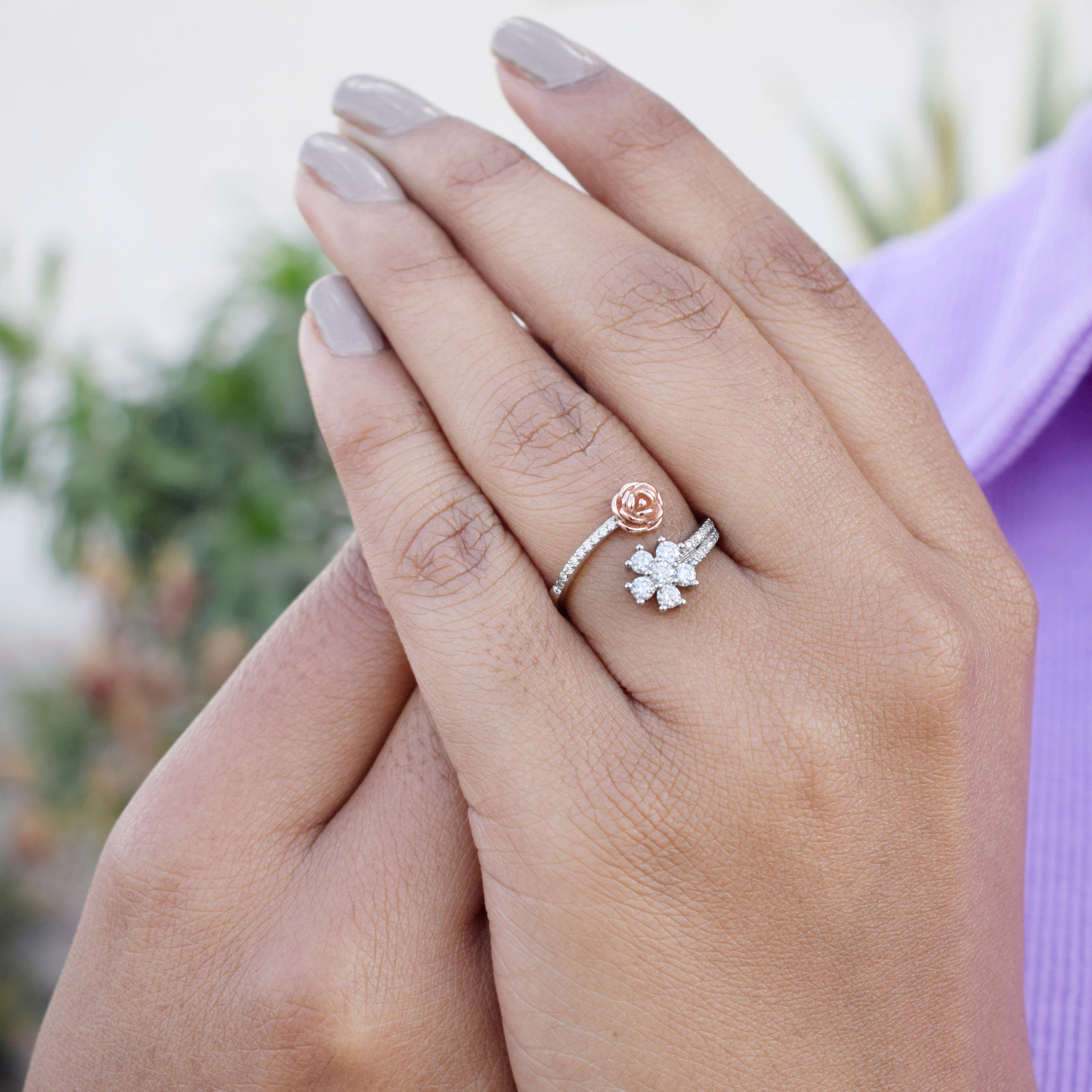 Rose Gold color Rose Ring in Sterling silver with Moissanite