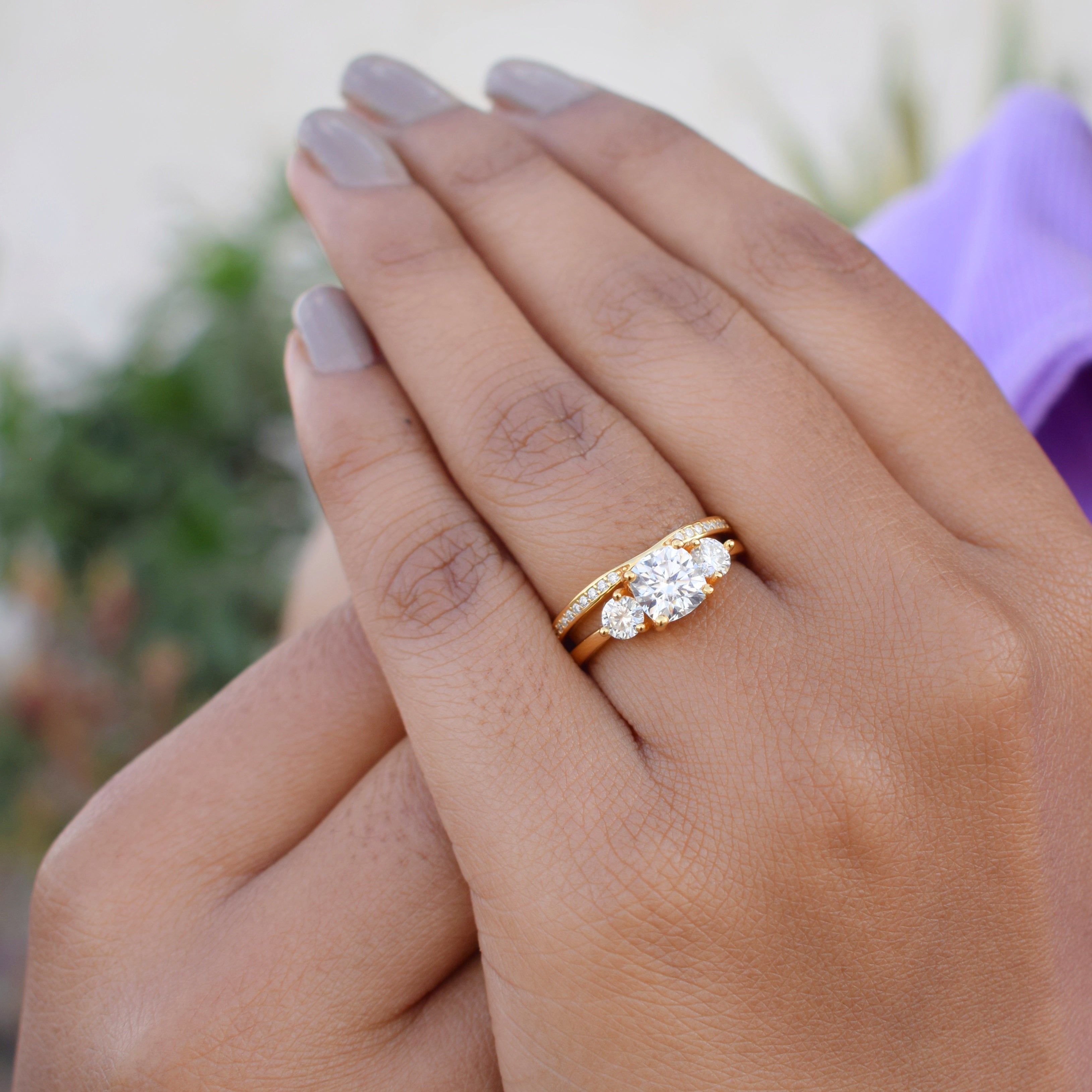 3 Stone Engagement Ring WIth a Band, Moissanite in Sterling Silver