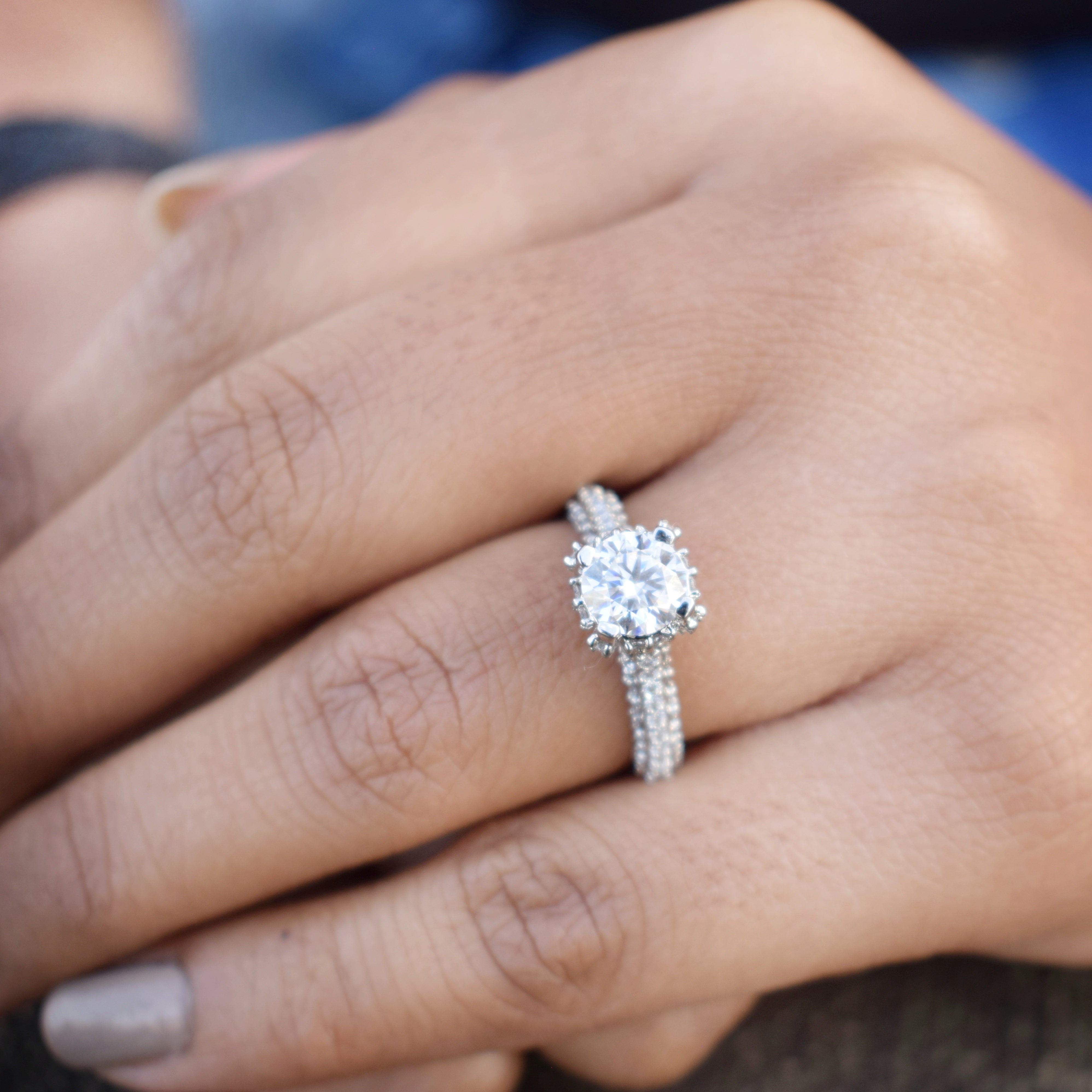 Princess & Round cut Ring with Moissanite in Sterling Silver