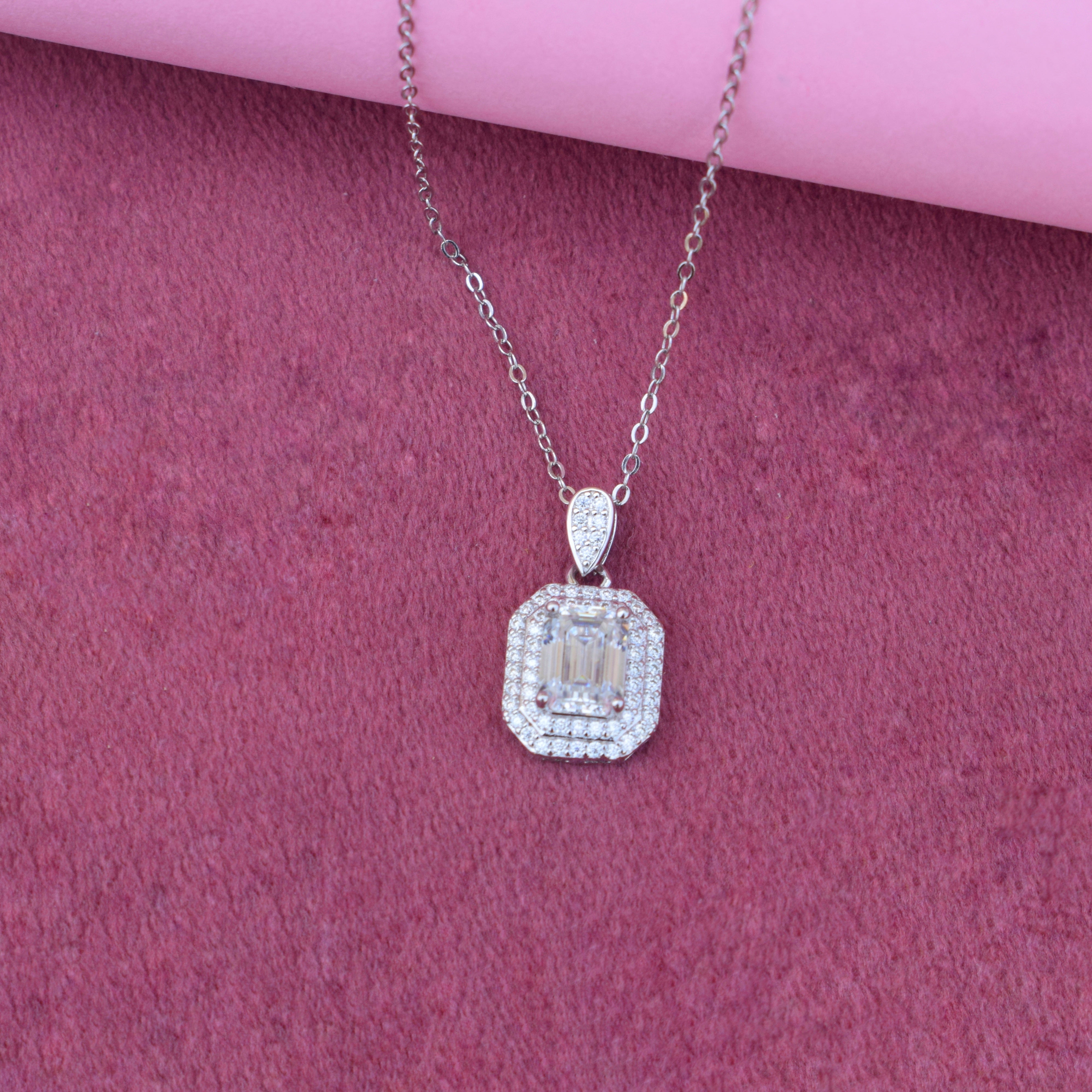 Delicate sparkle baguette Pendant in Moissanite with Silver