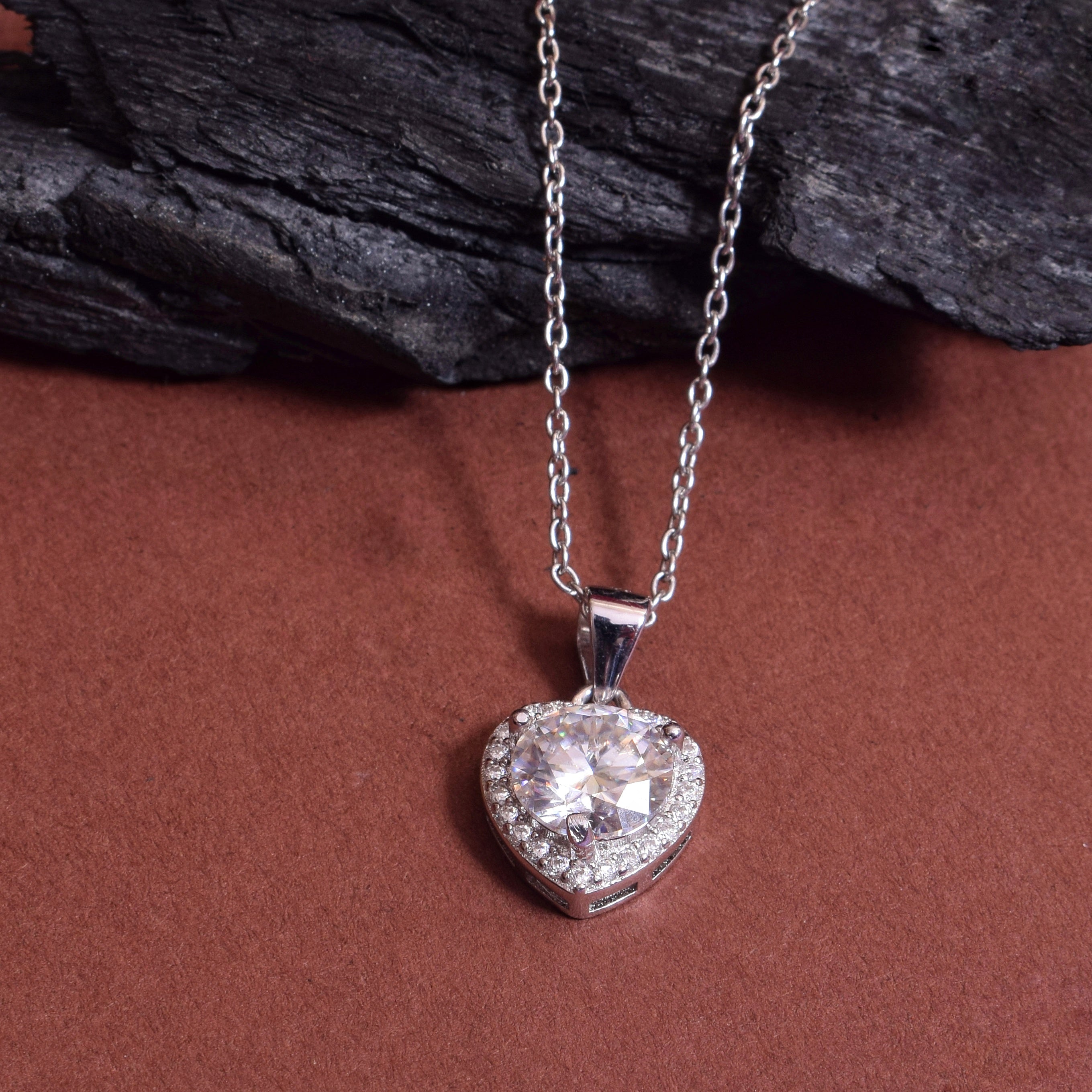 Silver Solitaire Heart Pendant with Moissanite