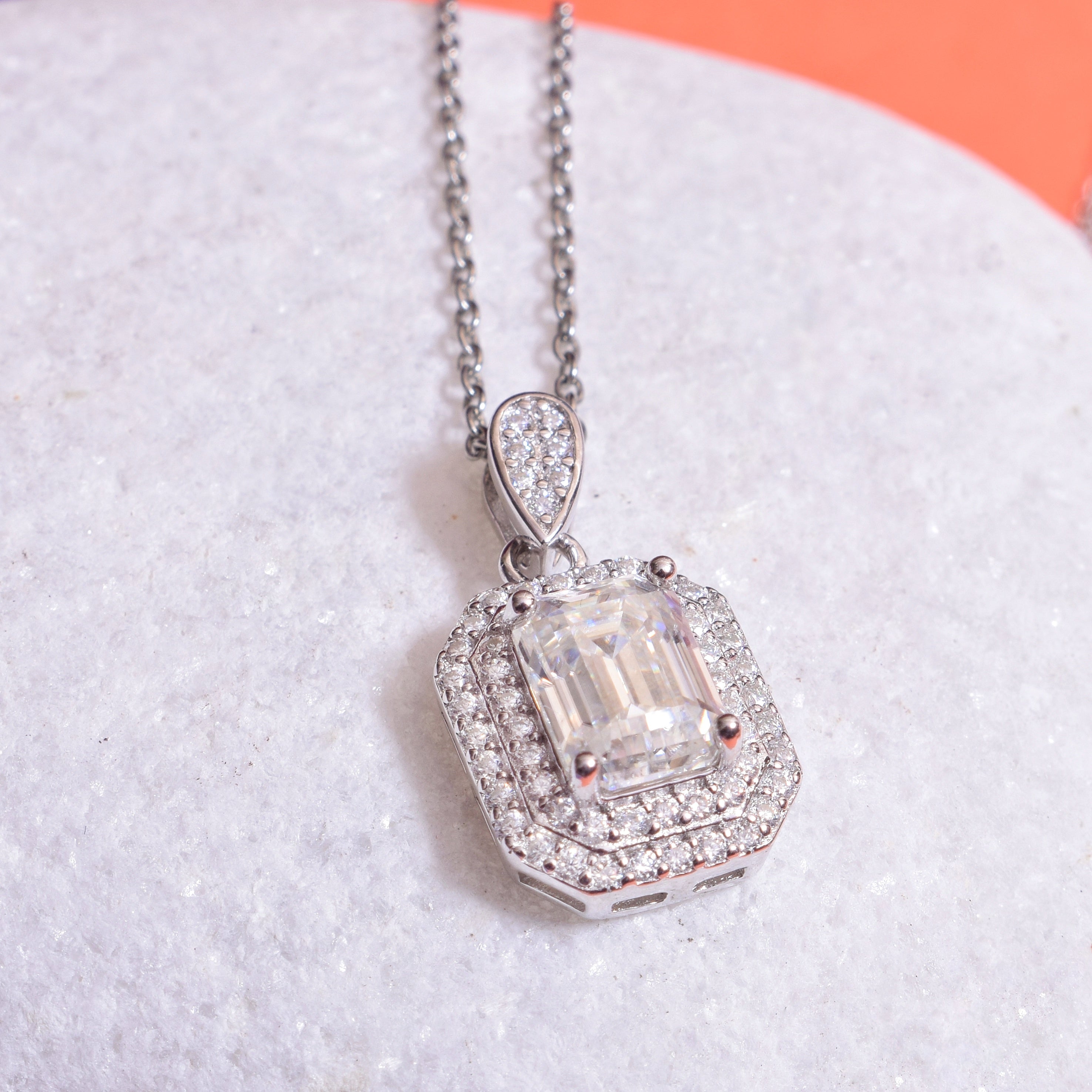 Delicate sparkle baguette Pendant in Moissanite with Silver