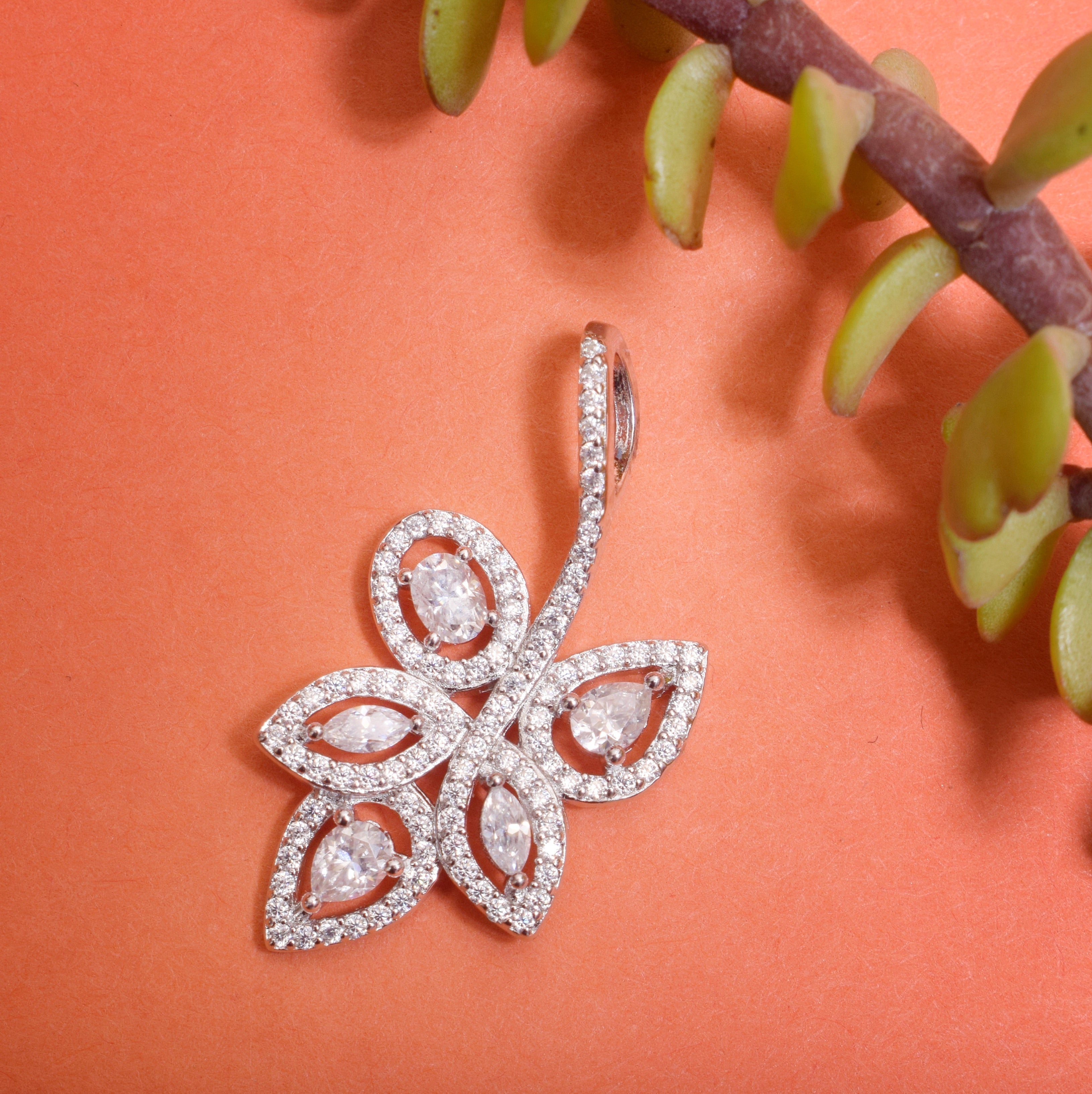 Moissanite Encrusted Autumn Leaf Pendant in Silver