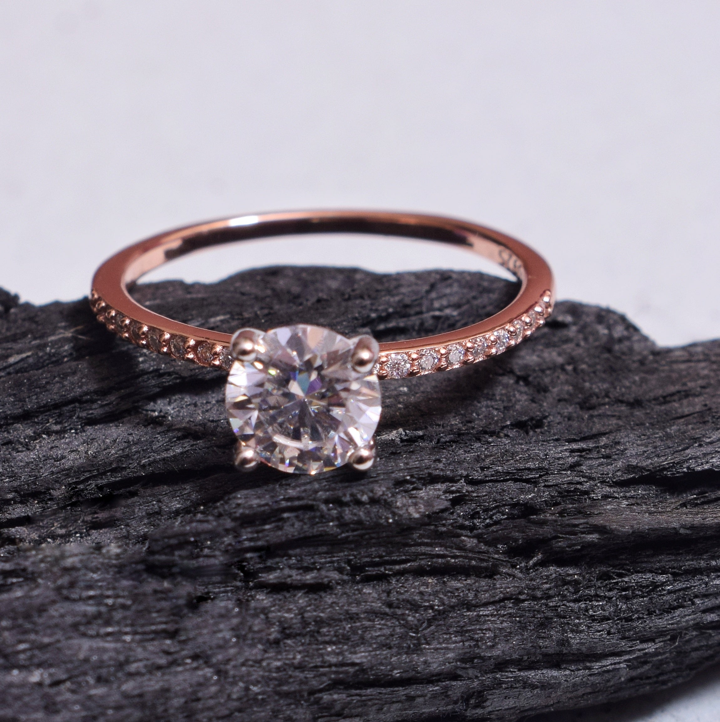 Rose Gold Round Solitaire Moissanite Ring in Sterling Silver