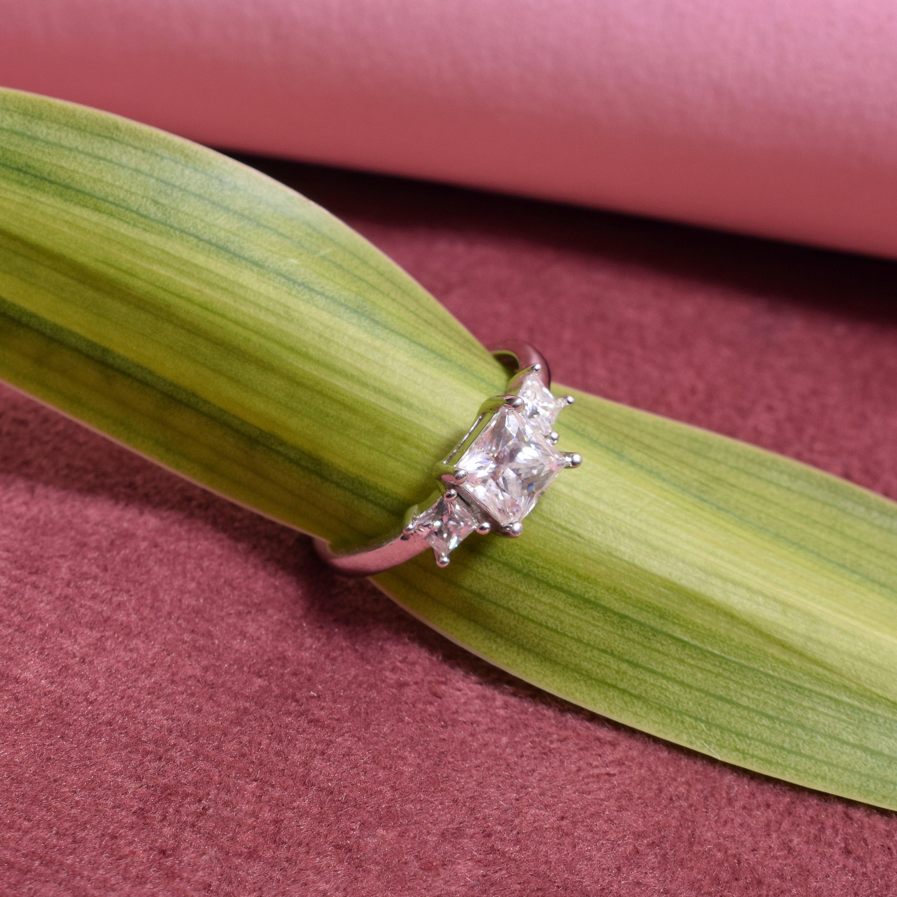 3 stone Princess cut Engagement Ring in Moissanite and Sterling Silver