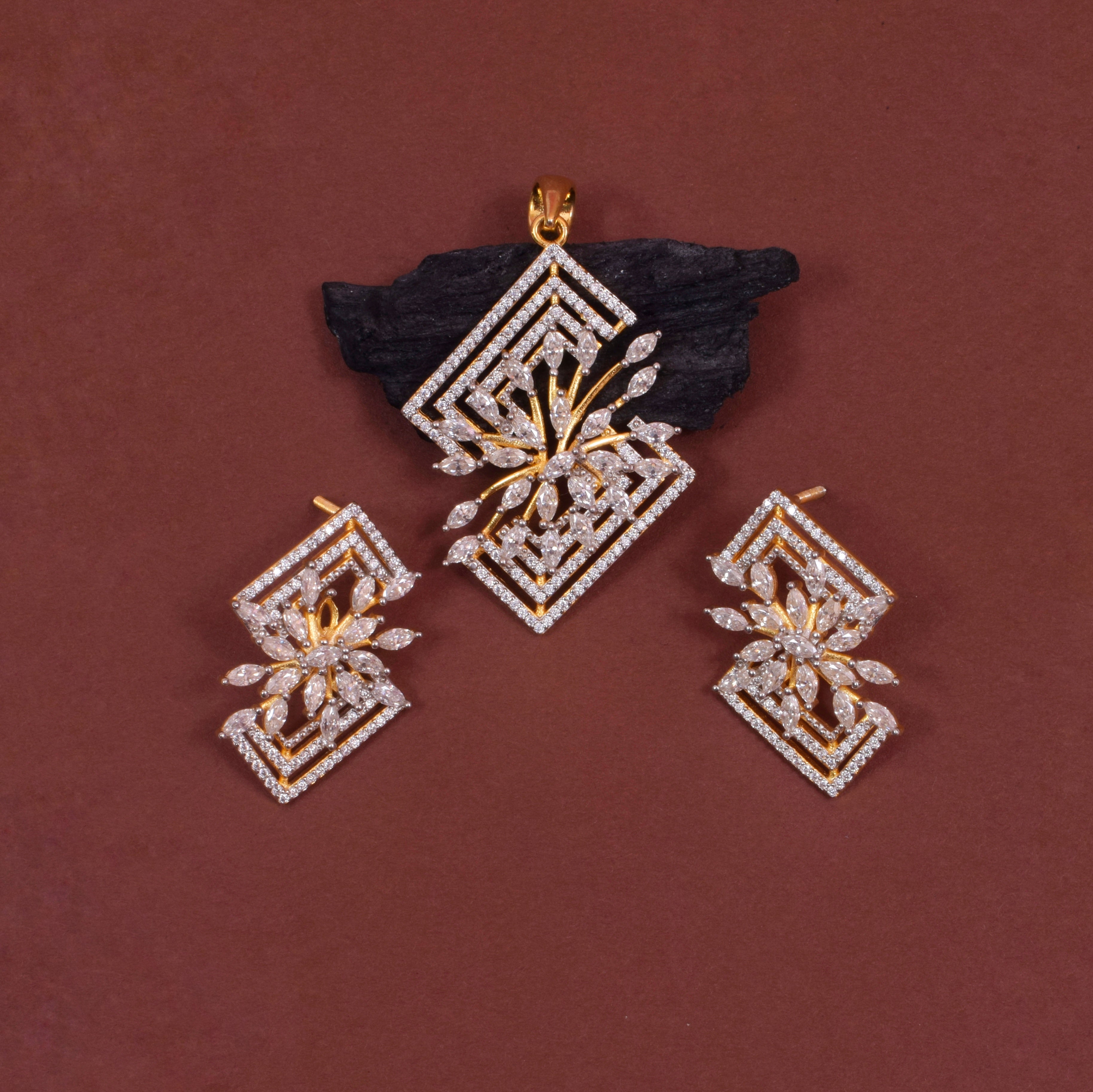 Affordable Moissanite Pendant Set in Silver WITH Gold Rhodium for Party & Bridal Wear