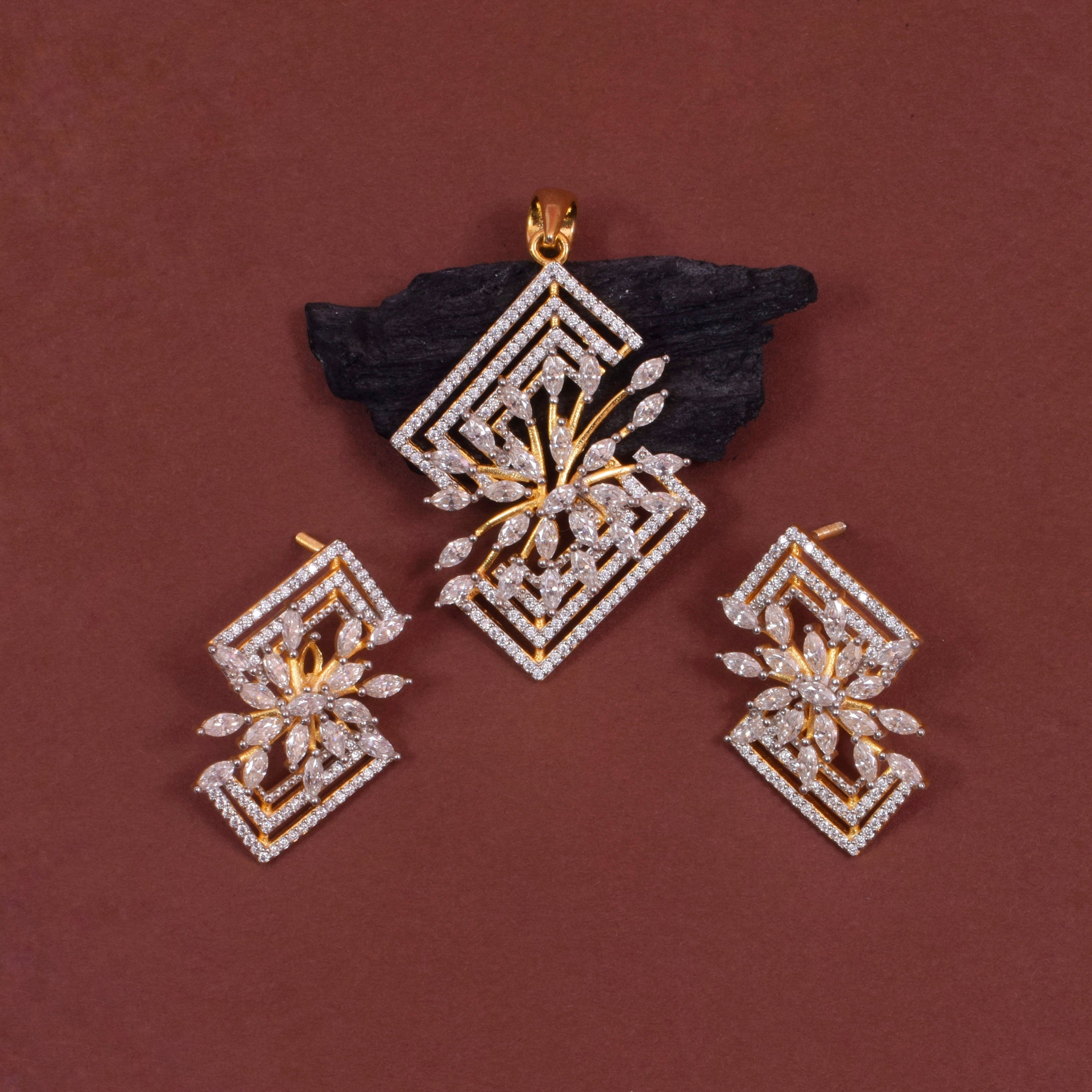 Affordable Moissanite Pendant Set in Silver WITH Gold Rhodium for Party & Bridal Wear