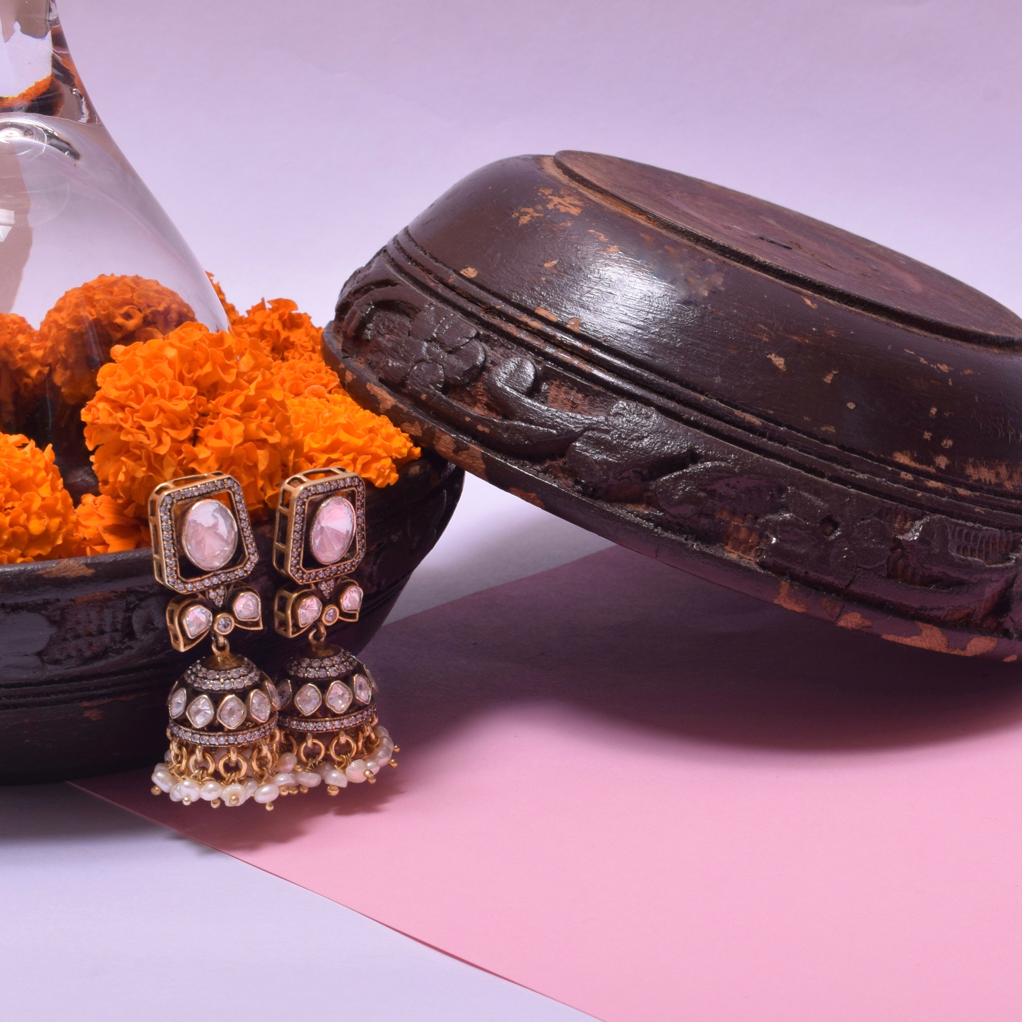 Polki Jhumka Earrings in Sterling Silver
