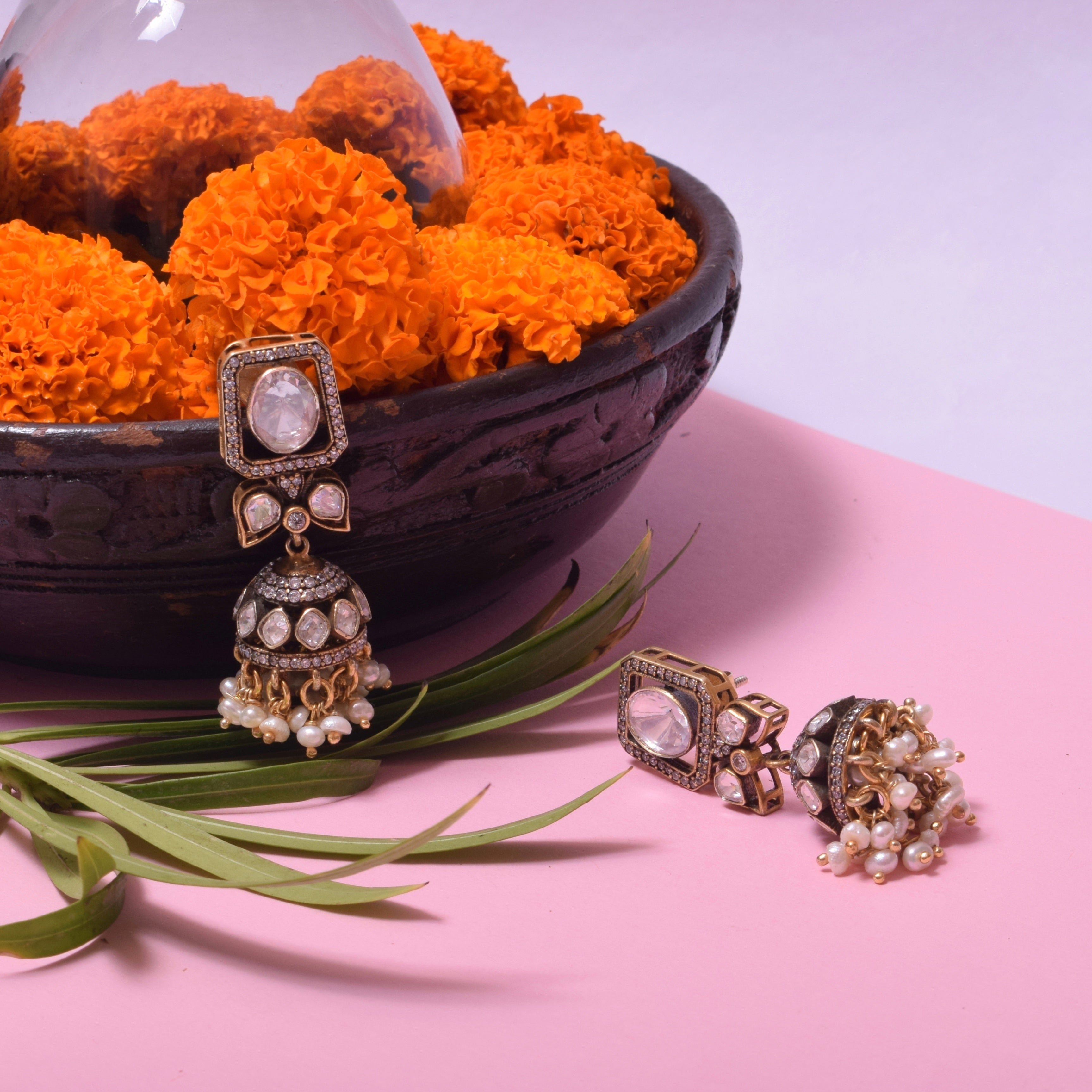 Polki Jhumka Earrings in Sterling Silver