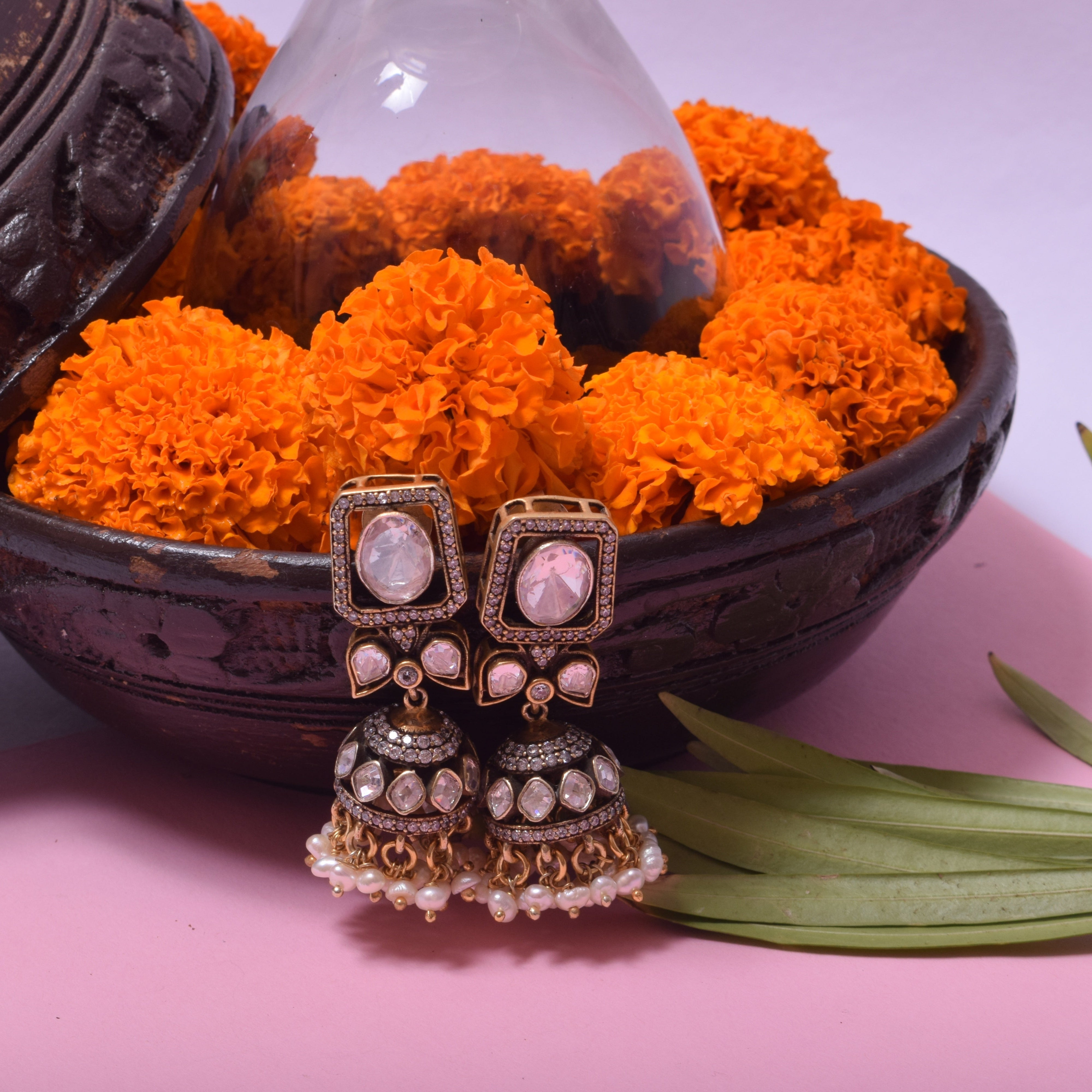 Polki Jhumka Earrings in Sterling Silver