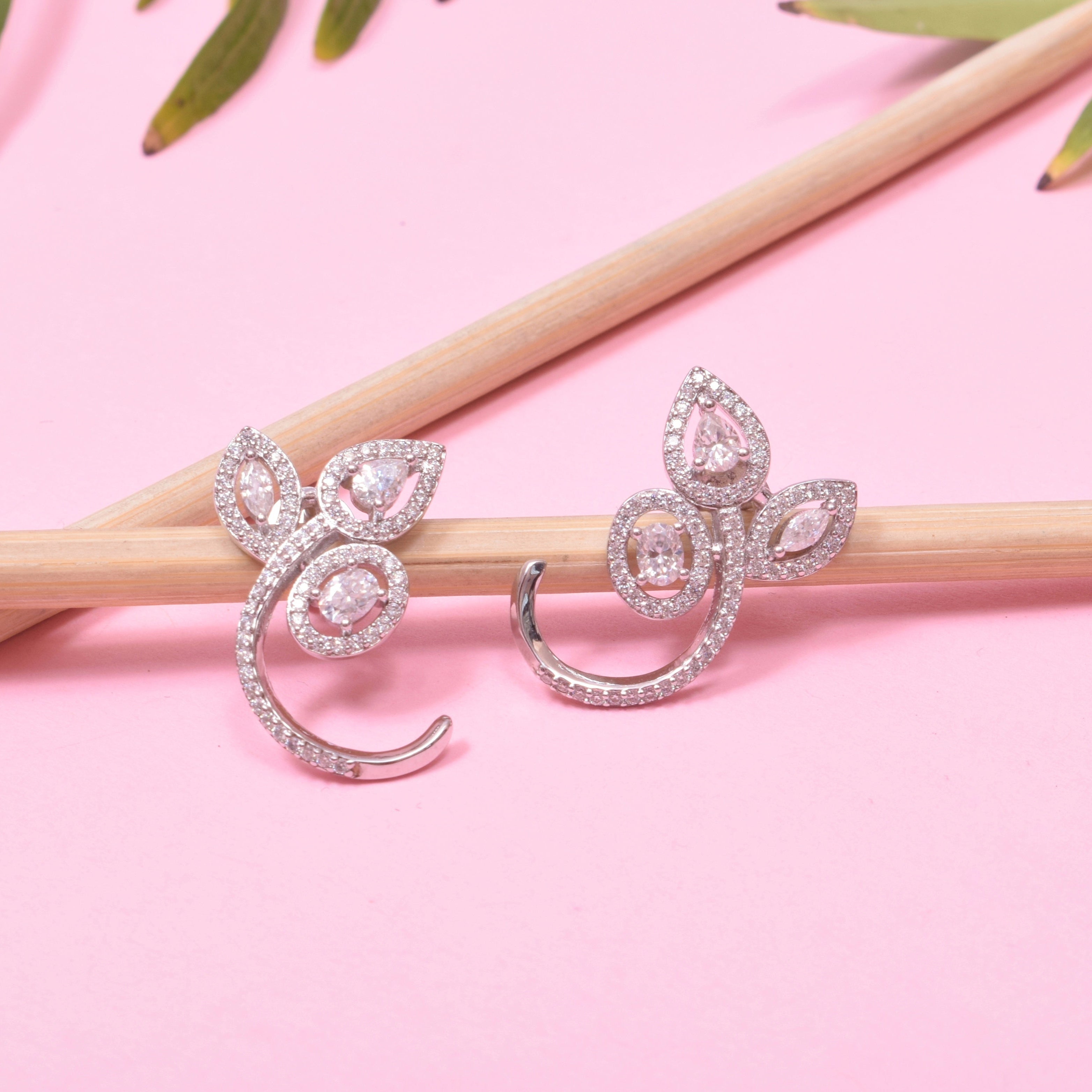 Flower Leaf-Shape Sterling Silver Moissanite Earrings