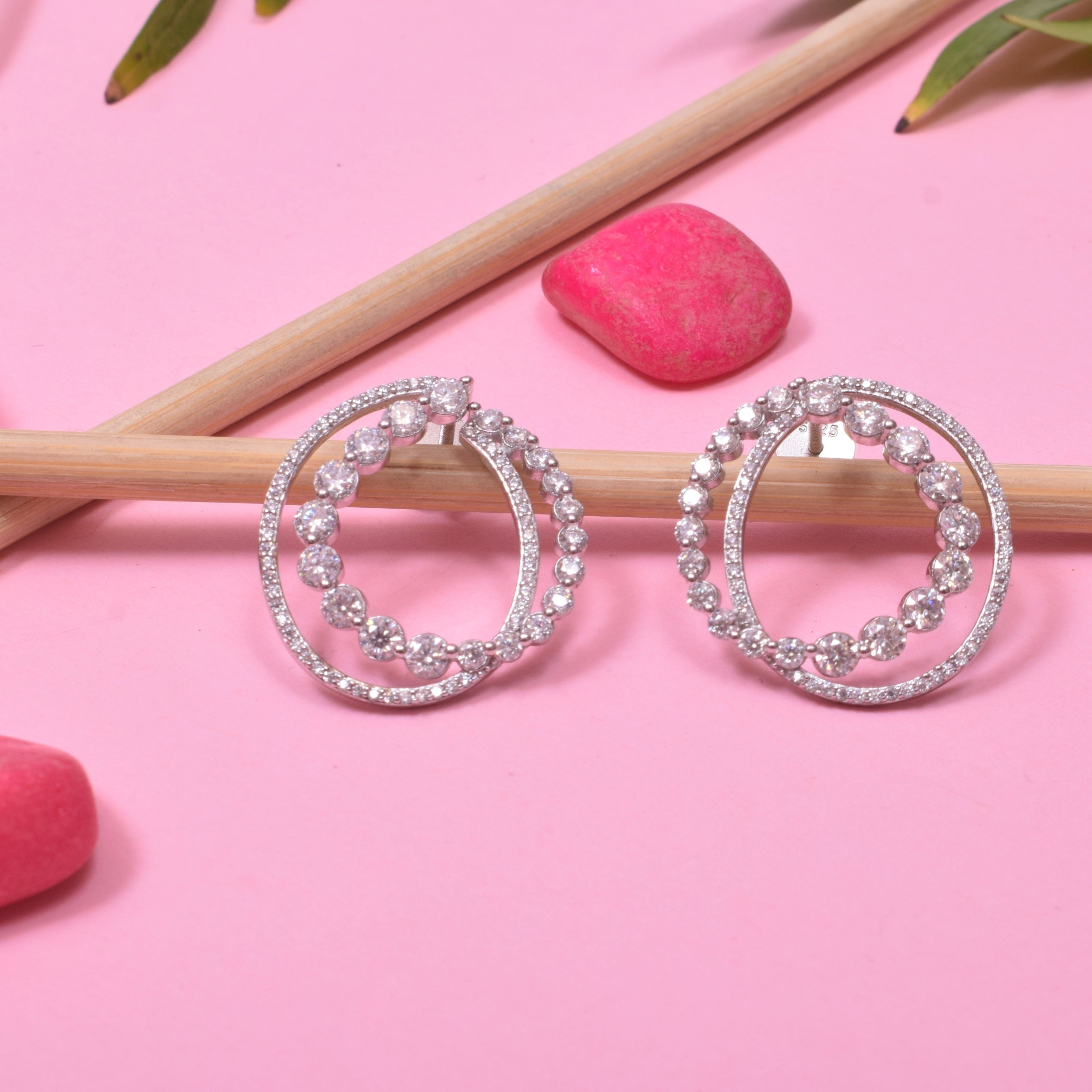 Double Hoops Earrings in Silver with Moissanite