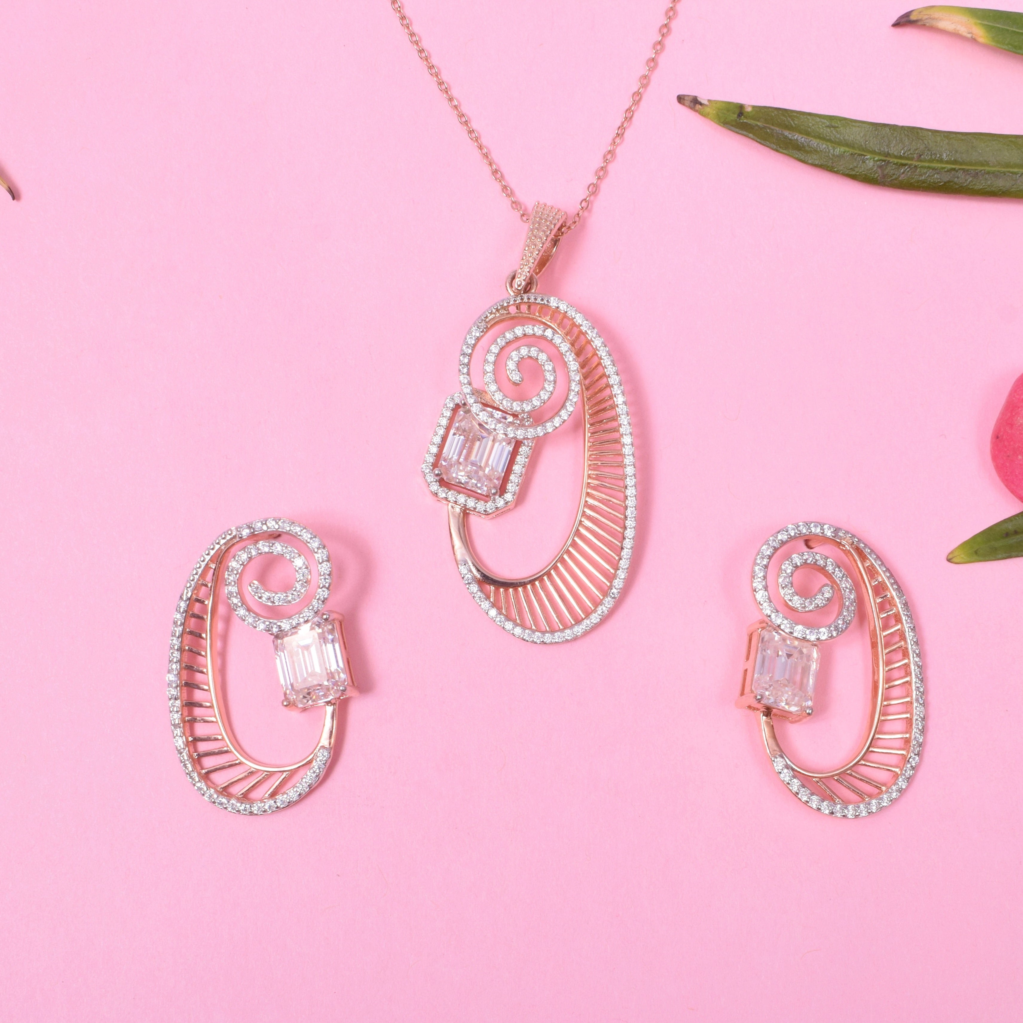 French wishes Rose Gold Sterling Silver Moissanite Pendant Set