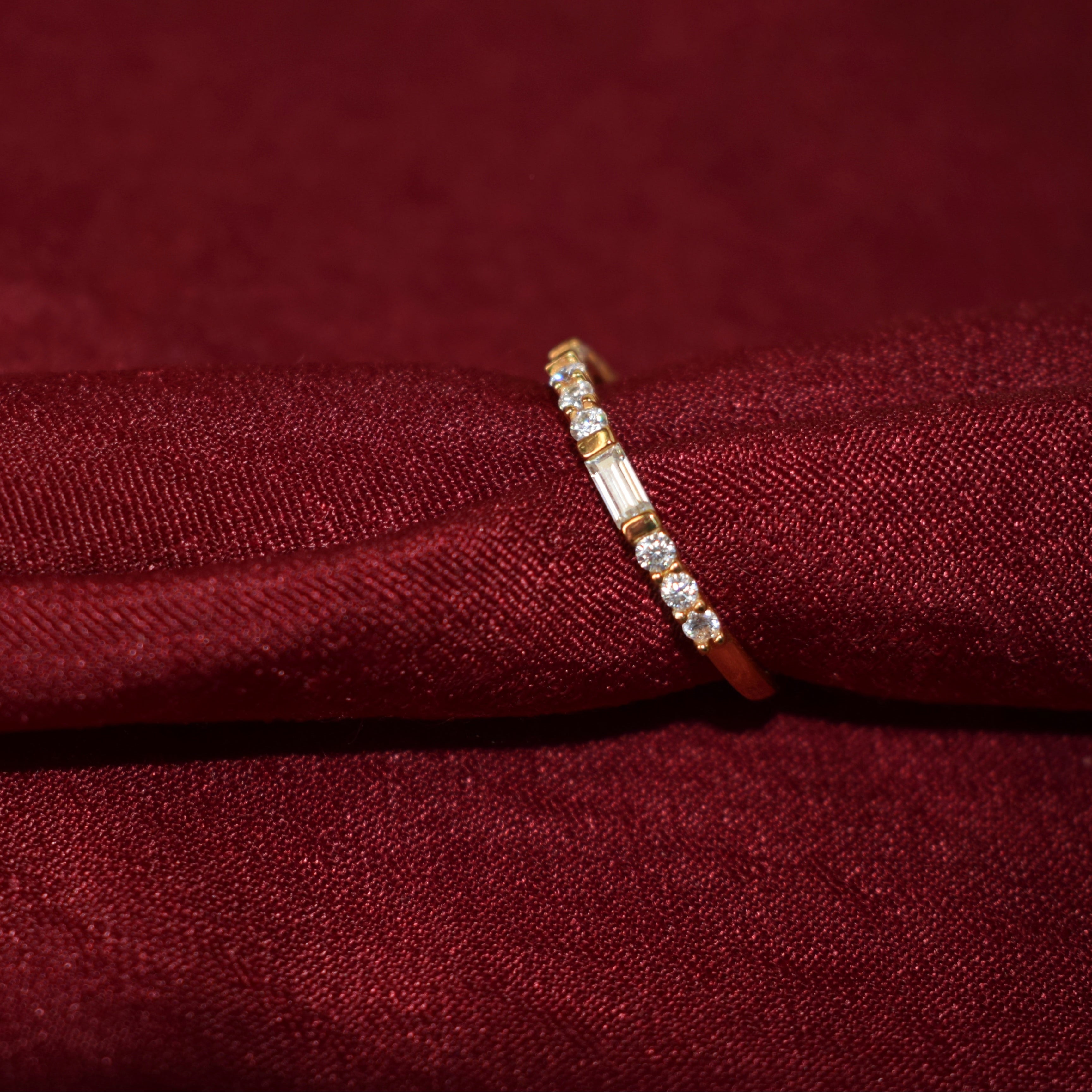 Straight Baguette and Round Natural Band Ring with Moissanite and Sterling Silver