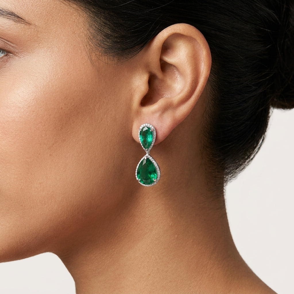 Linked Lab Grown Emerald Pears Earrings in Sterling Silver with Moissanite