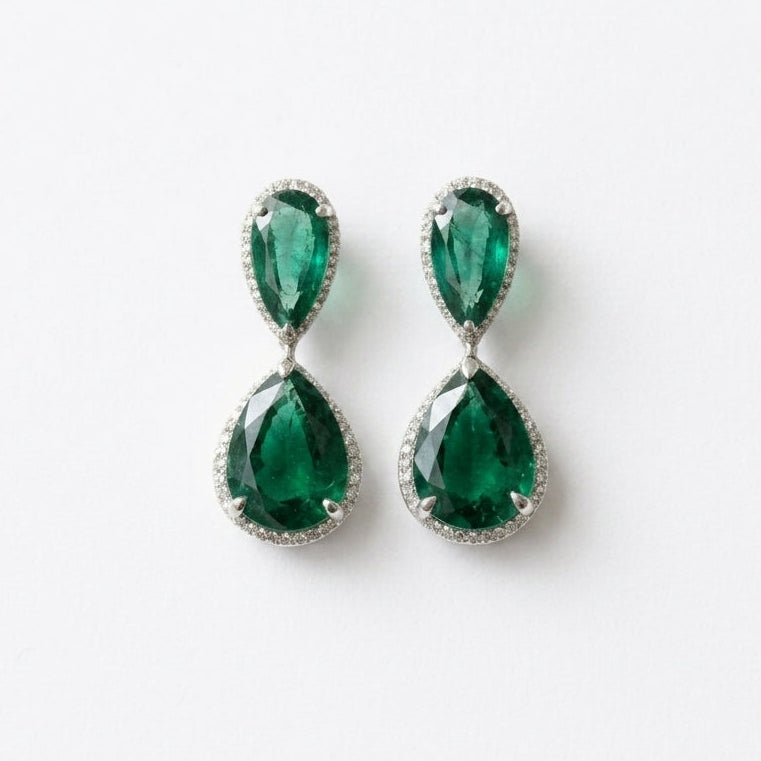 Linked Lab Grown Emerald Pears Earrings in Sterling Silver with Moissanite
