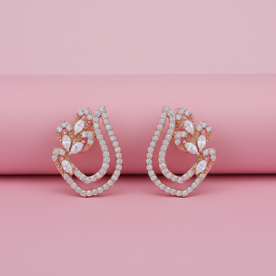 Rose Gold Swriling Sparkle Moissanite Diamond Sterling SIlver Earrings