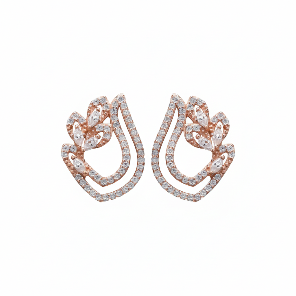 Rose Gold Swriling Sparkle Moissanite Diamond Sterling SIlver Earrings