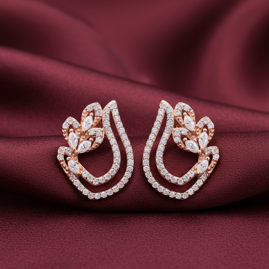 Rose Gold Swriling Sparkle Moissanite Diamond Sterling SIlver Earrings