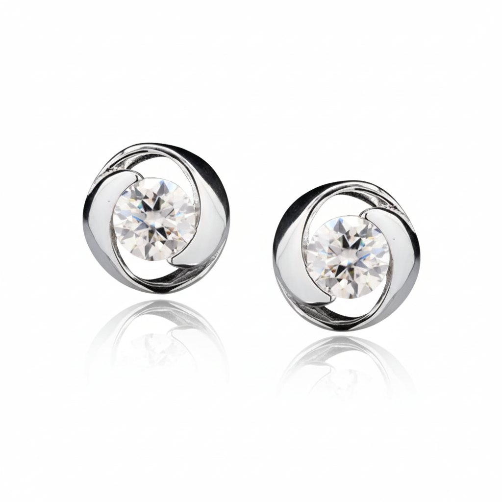 Swirl Stone Round Moissanite Diamond Sterling SIlver Studs