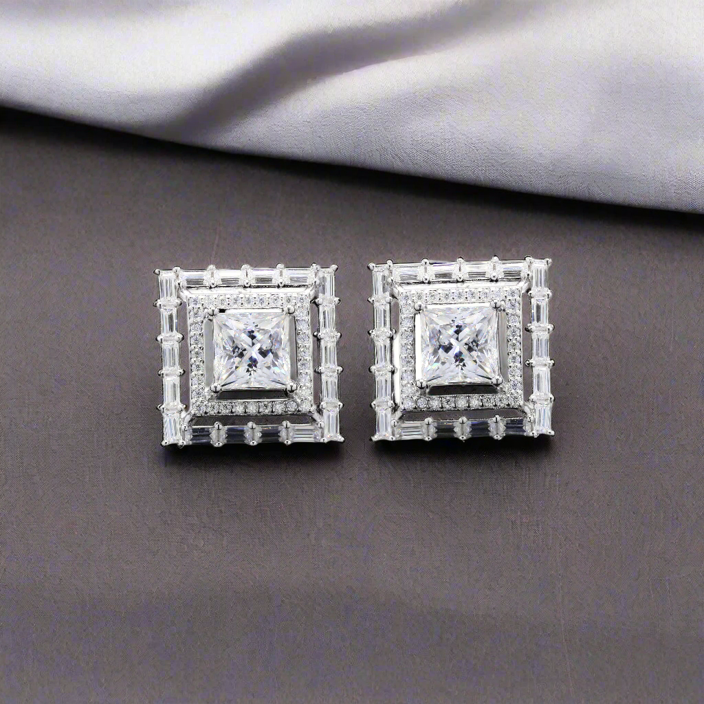 Radiant Square Sterling Silver Studs in Moissanite for party wear