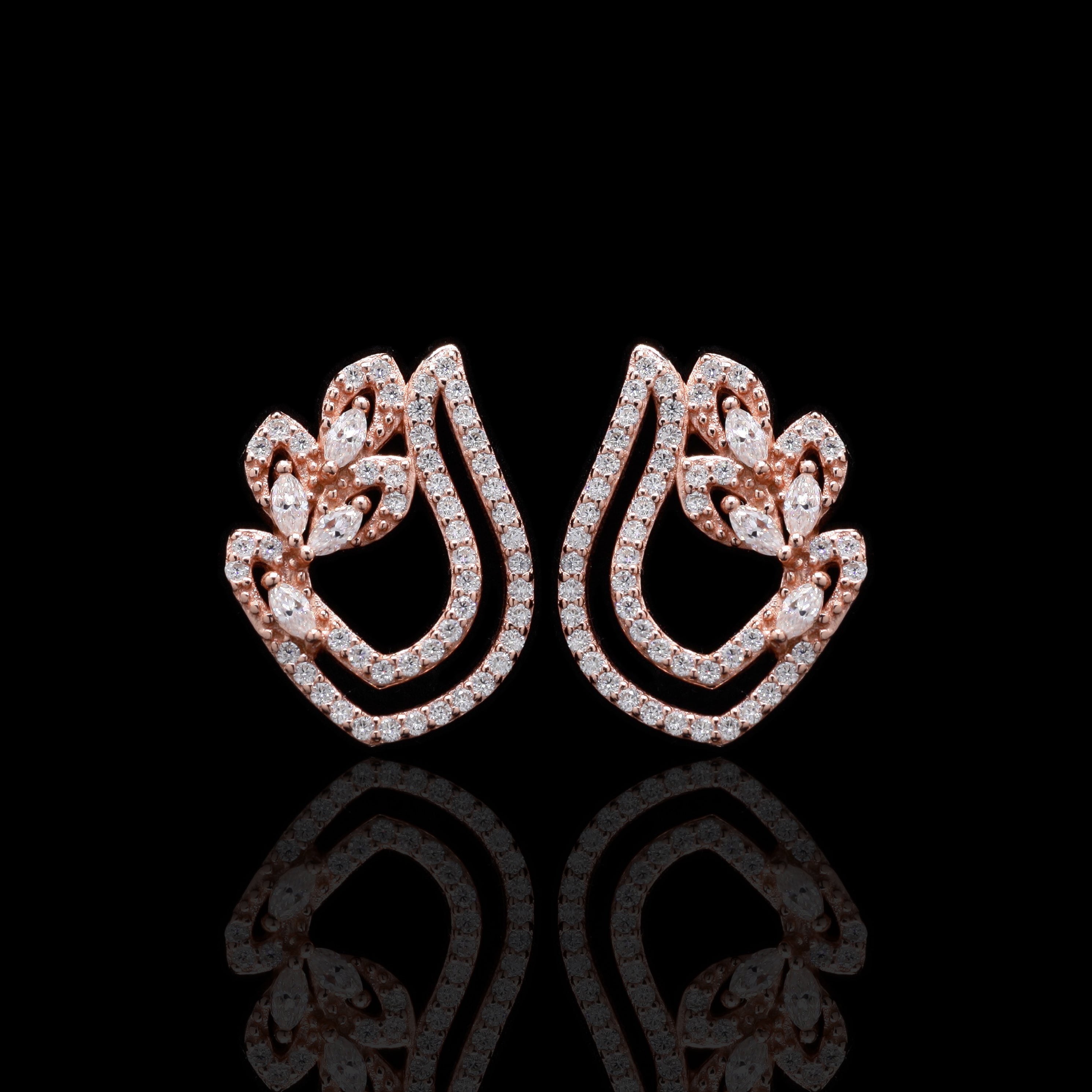 Rose Gold Swriling Sparkle Moissanite Diamond Sterling SIlver Earrings