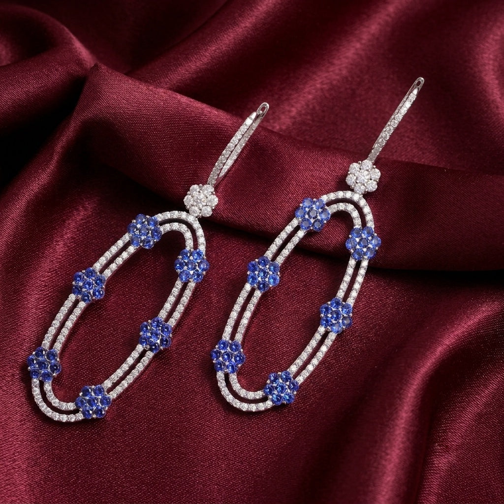 Blue Sapphire with Moissanite Danglers Earrings in Sterling Silver