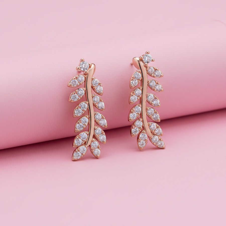 Leaf Earring in Rose-Gold with moissanite and Sterling Silver