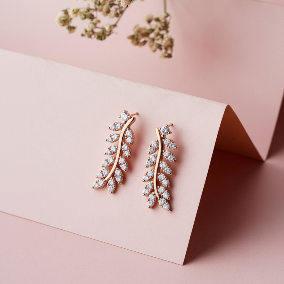 Leaf Earring in Rose-Gold with moissanite and Sterling Silver