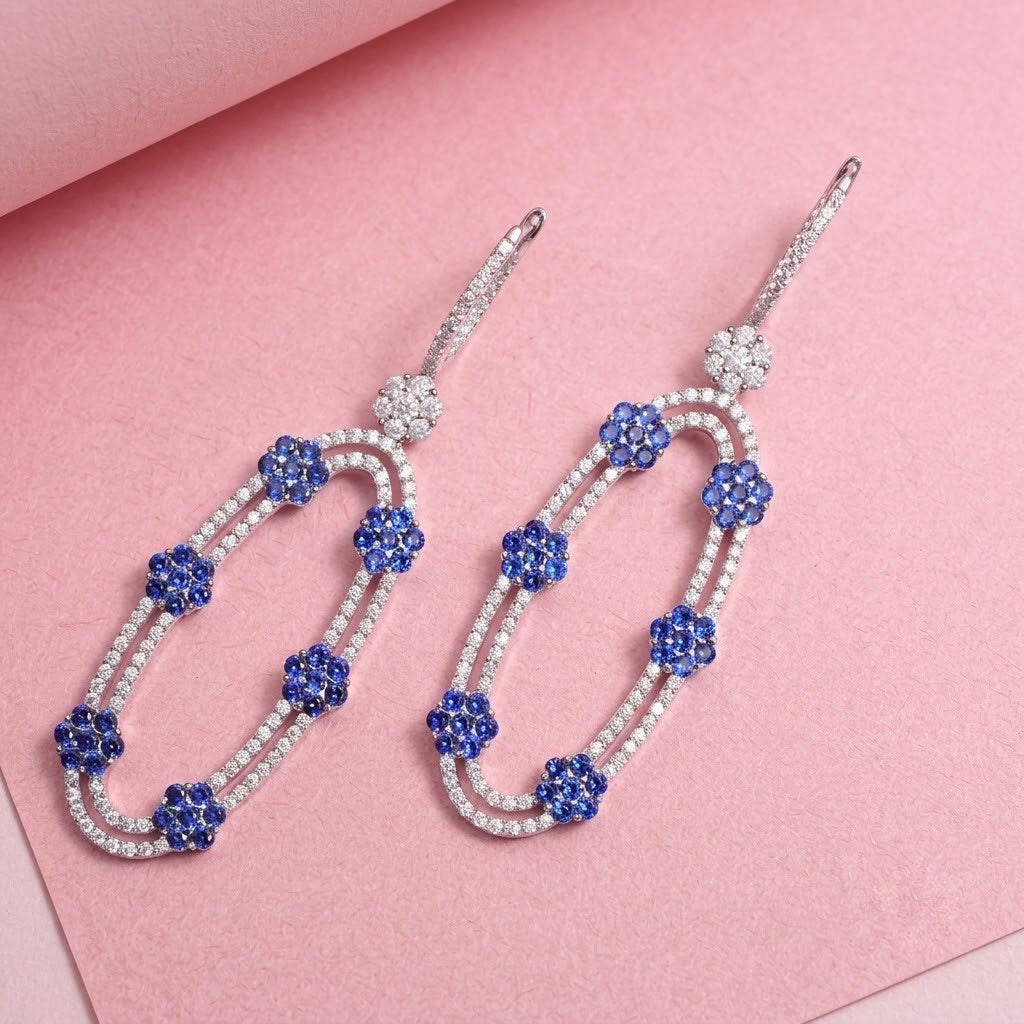 Blue Sapphire with Moissanite Danglers Earrings in Sterling Silver