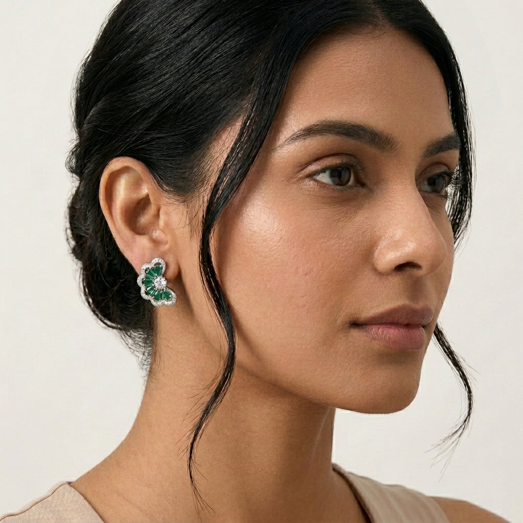 Lab Grown Emerald Demi-Bloom Studs Earrings in Sterling Silver with Moissanite