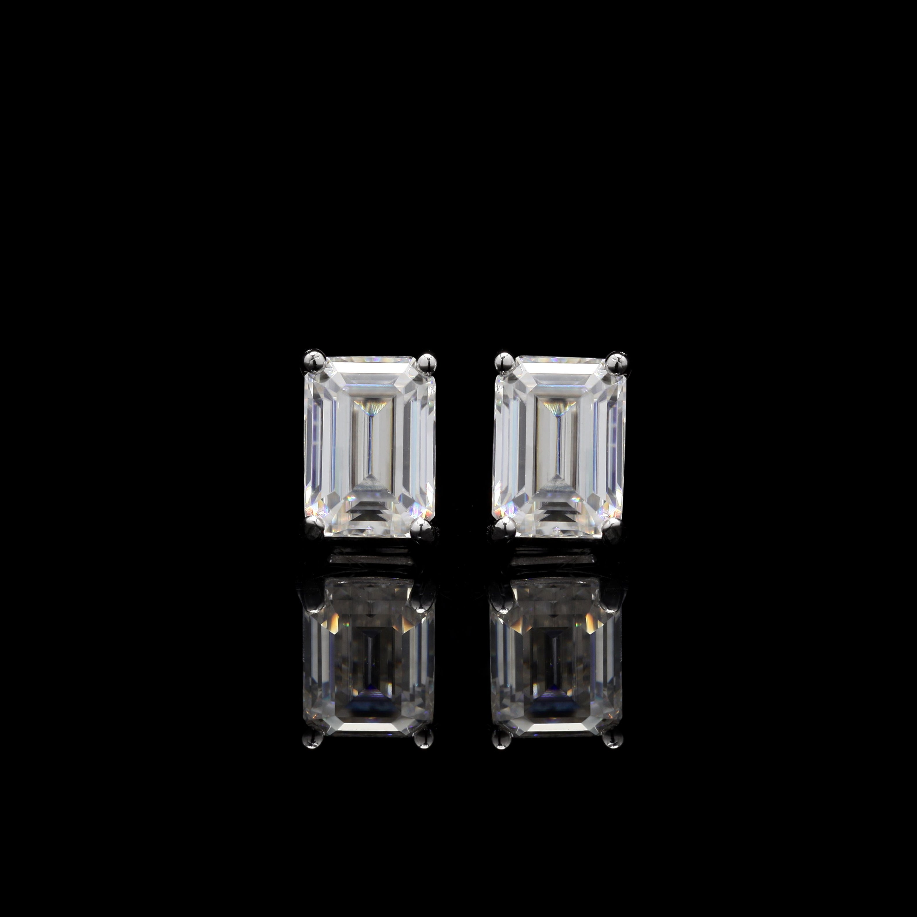 Emerald Cut Moissanite Diamond Studs in Sterling Silver