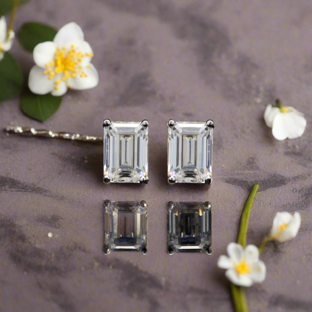 Emerald Cut Moissanite Diamond Studs in Sterling Silver
